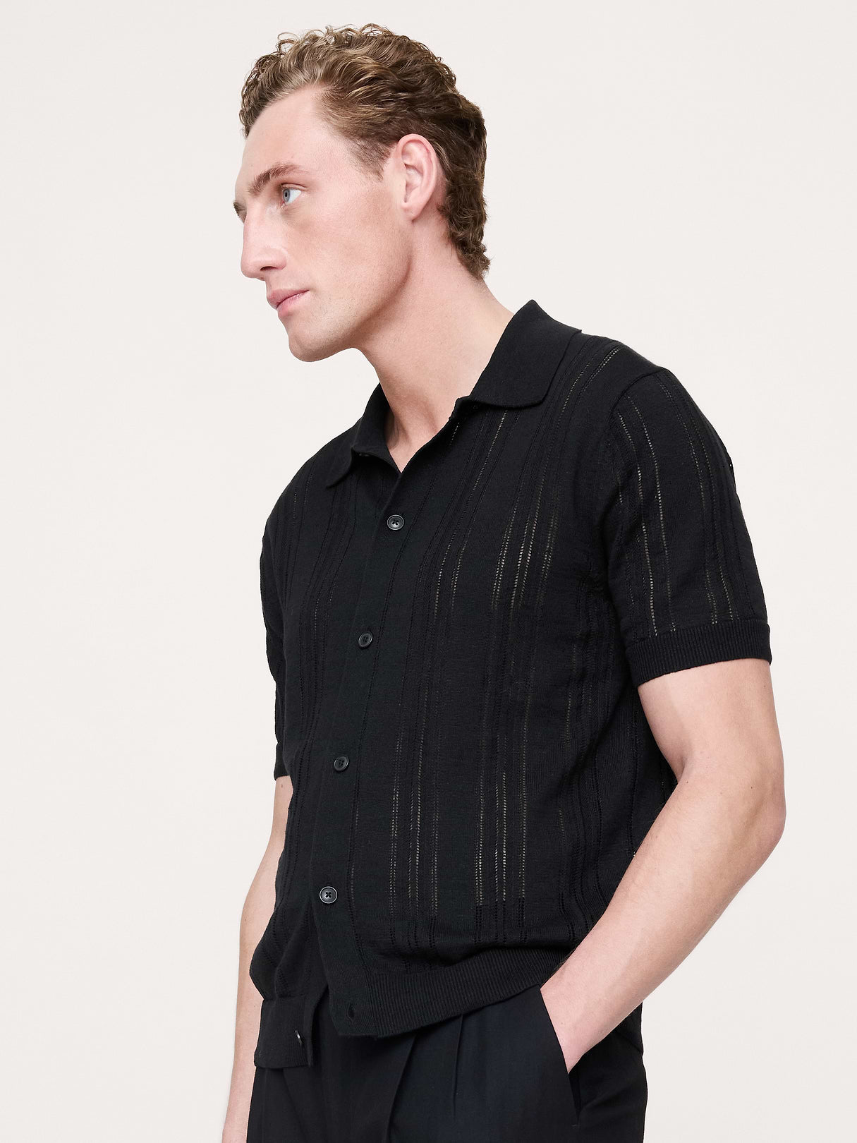 Linen-Cotton Textured Polo Cardigan - Black