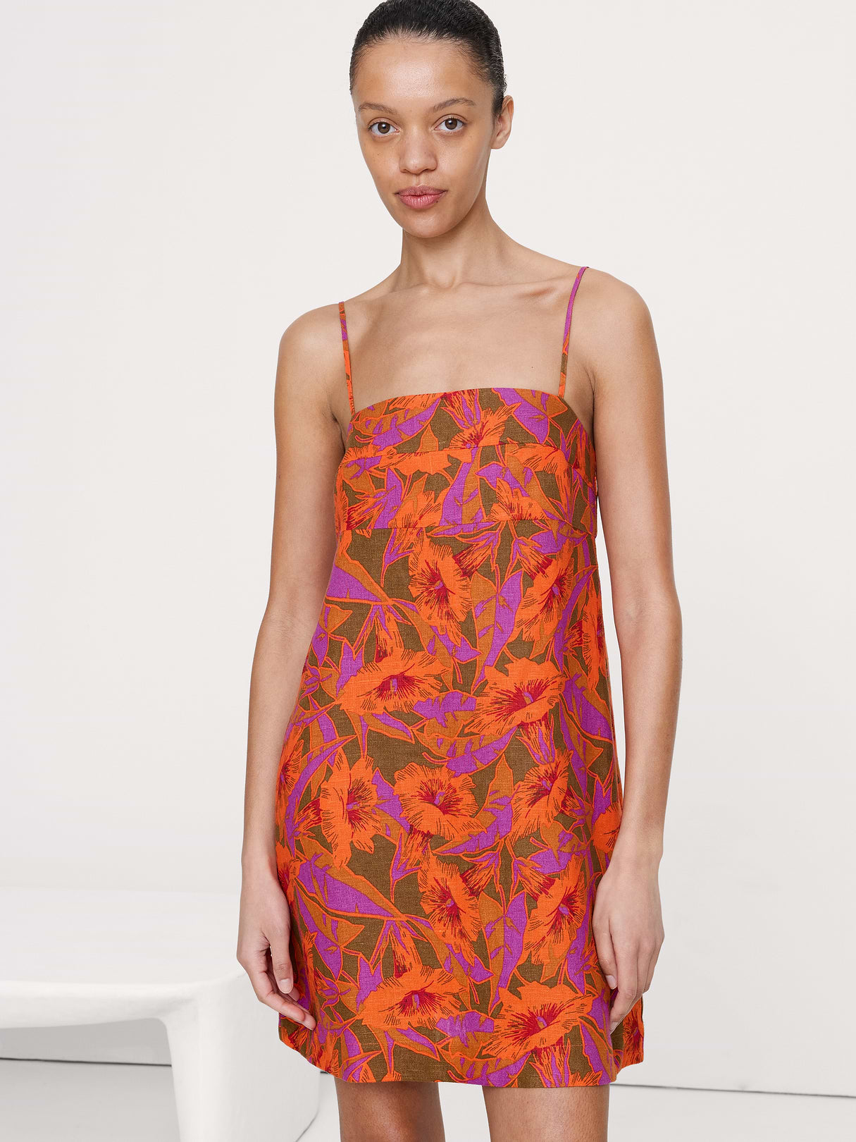 Strappy Linen Mini Dress - Orange & Orchid Floral