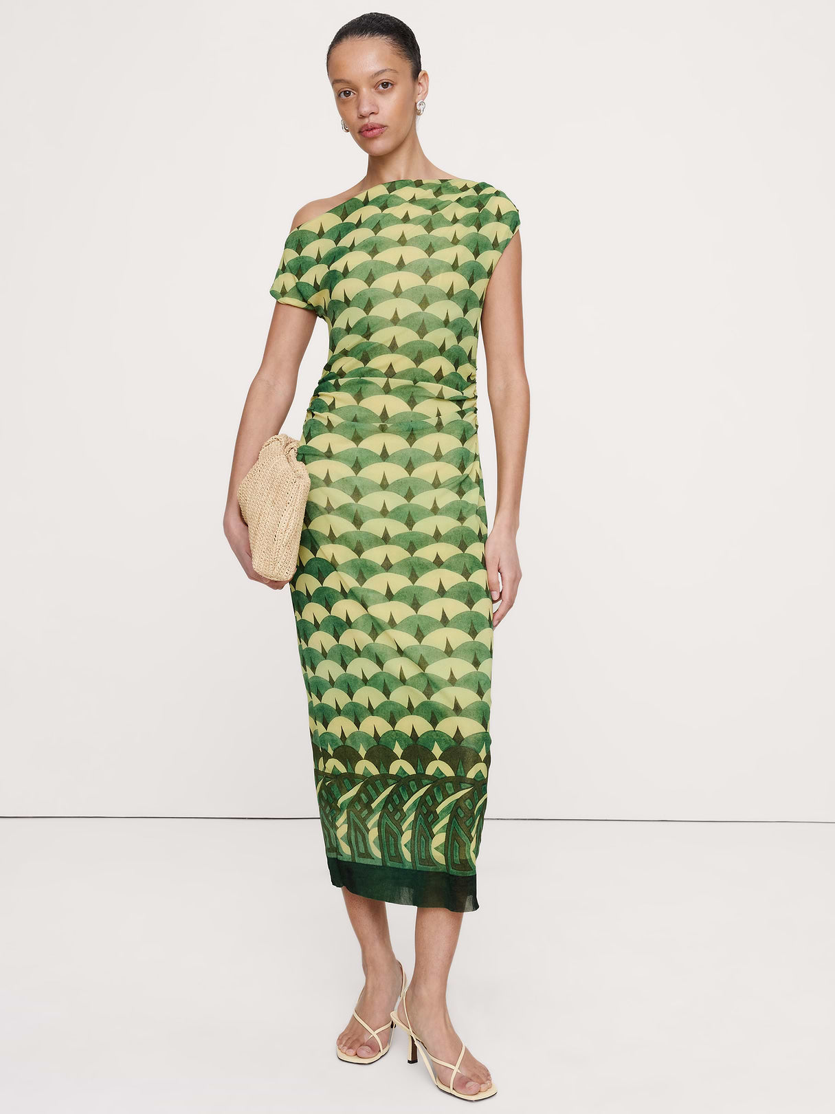 Mesh Off-Shoulder Maxi Dress - Green Geo