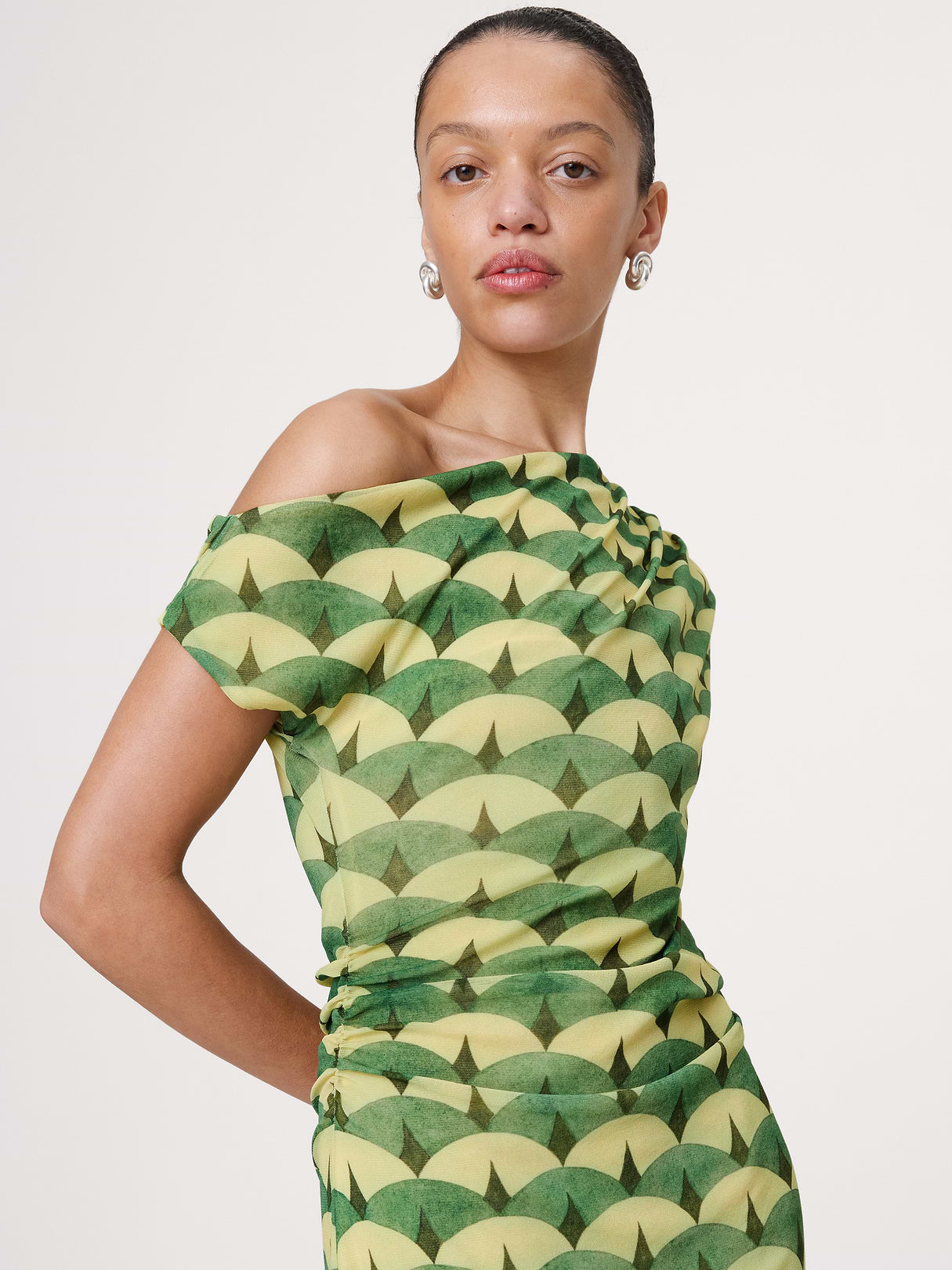 Mesh Off-Shoulder Maxi Dress - Green Geo