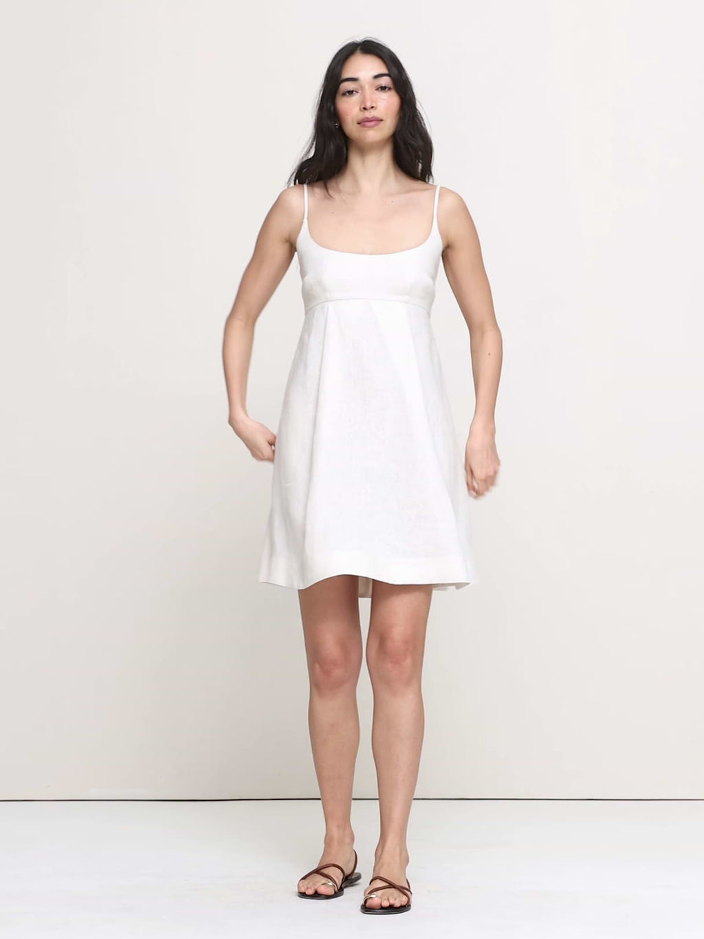 Linen Strappy Empire-Waist Mini Dress - Cream White