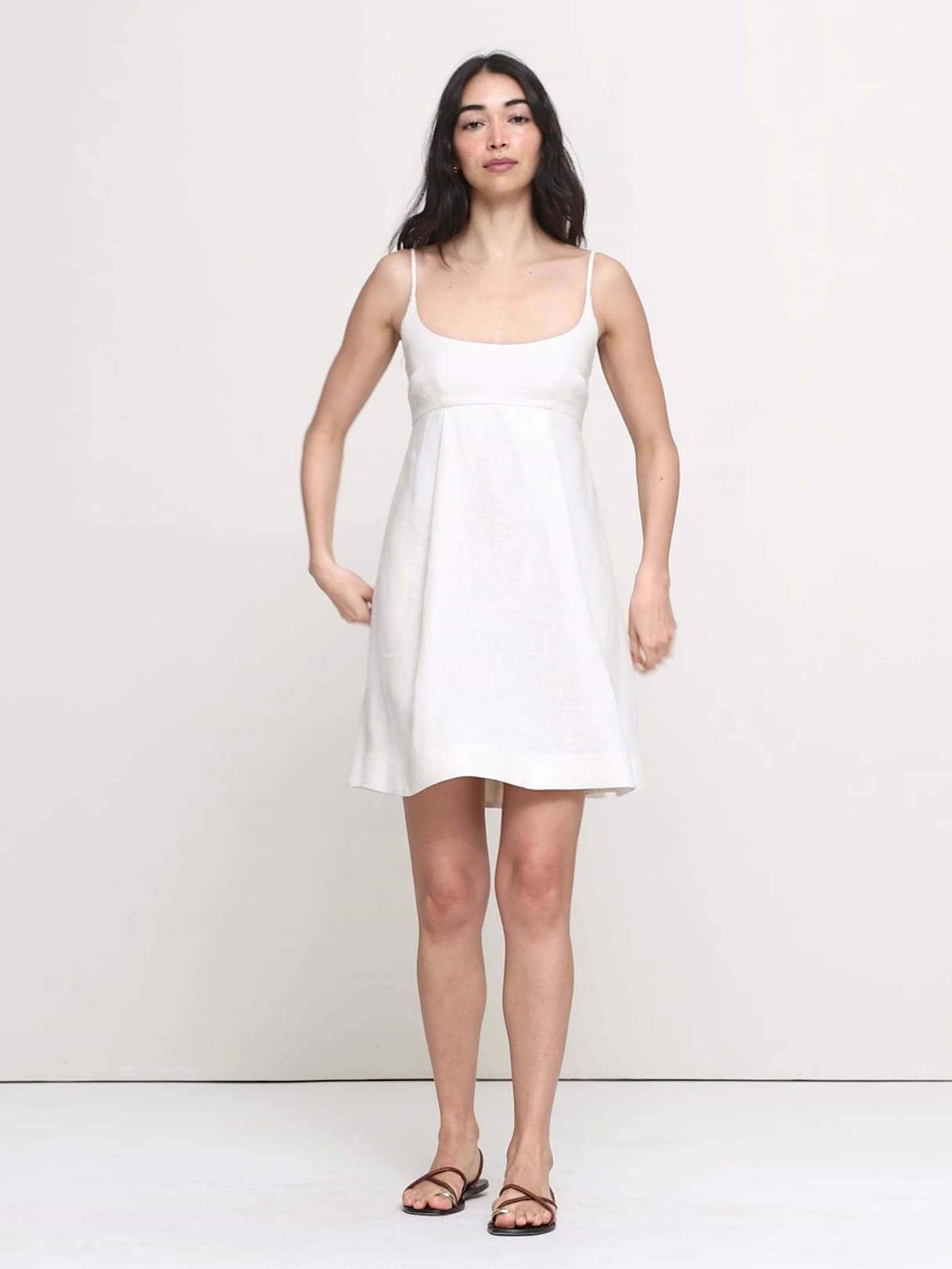 Linen Strappy Empire-Waist Mini Dress - Cream White