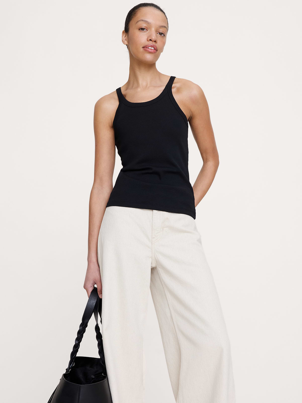 Ribbed Scoop-Neck Tank - Black
