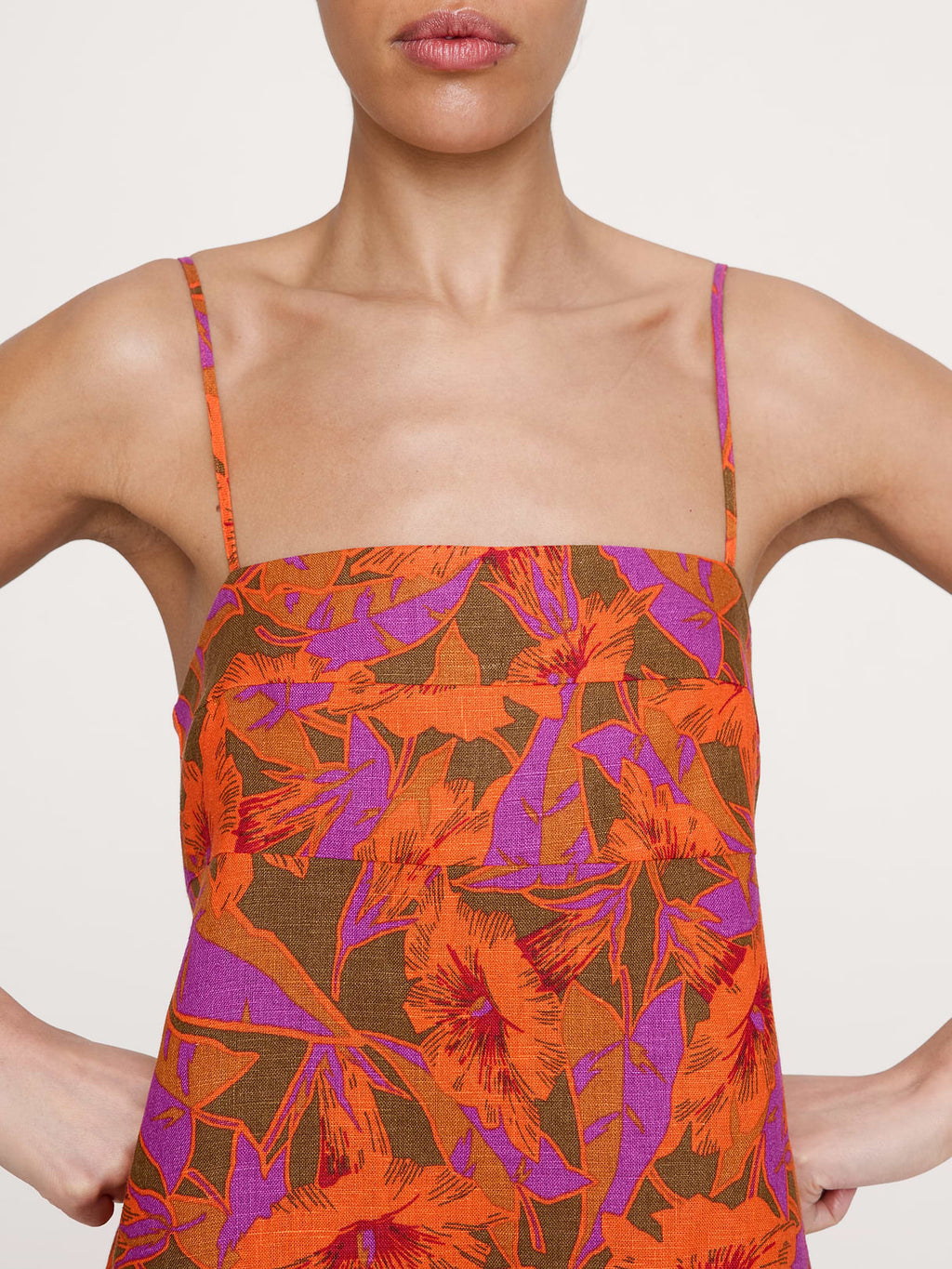 Strappy Linen Mini Dress - Orange & Orchid Floral