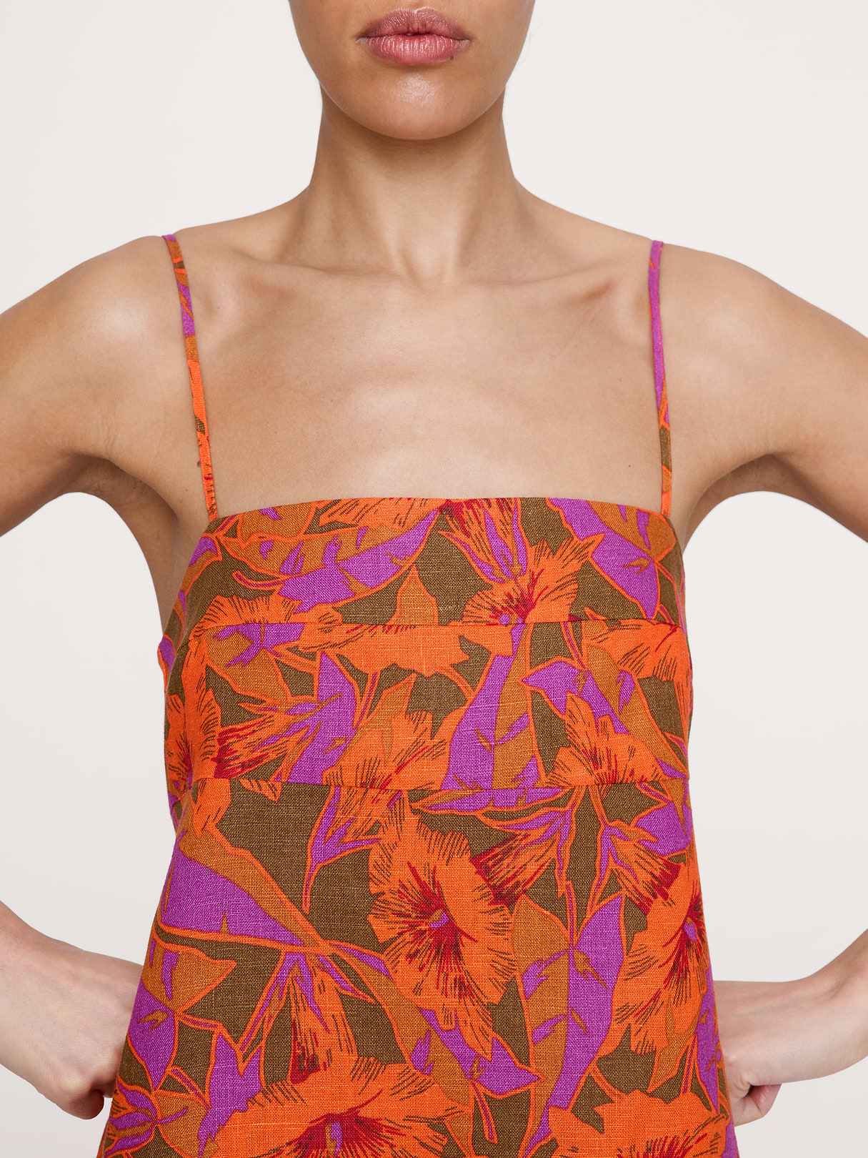Strappy Linen Mini Dress - Orange & Orchid Floral
