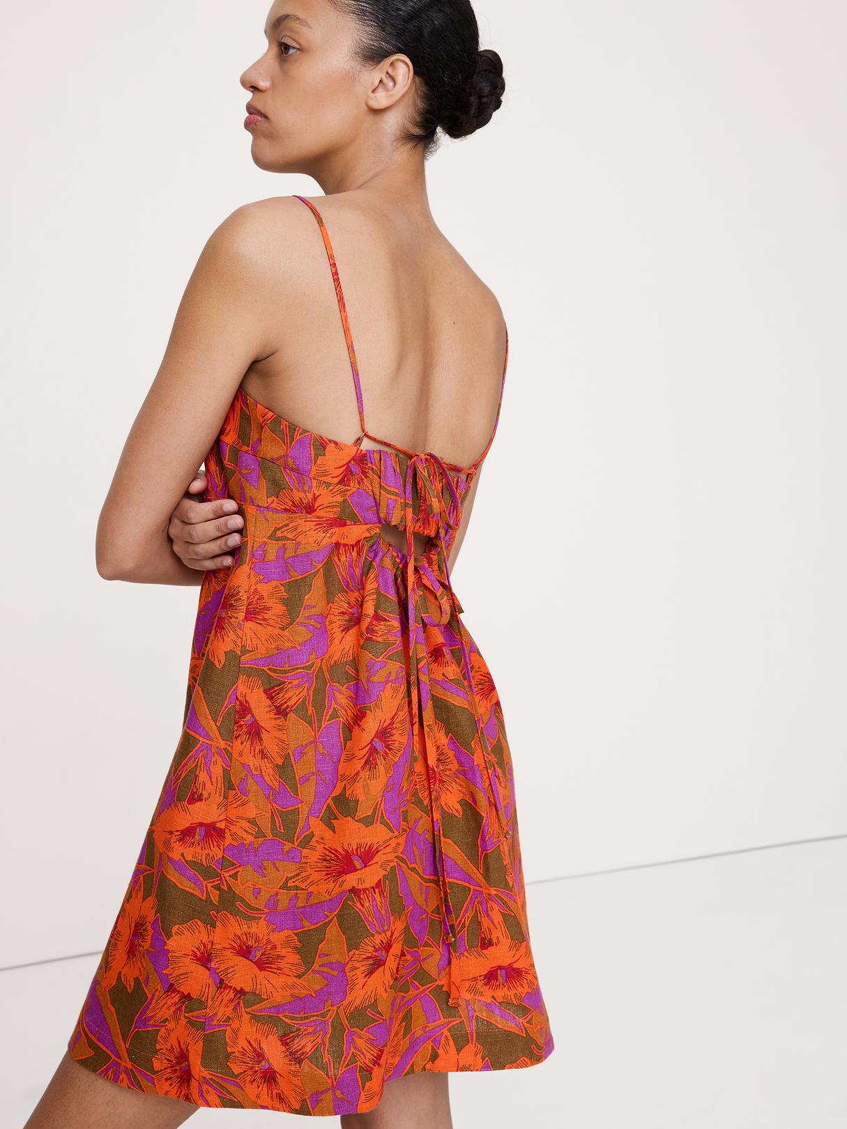 Strappy Linen Mini Dress - Orange & Orchid Floral