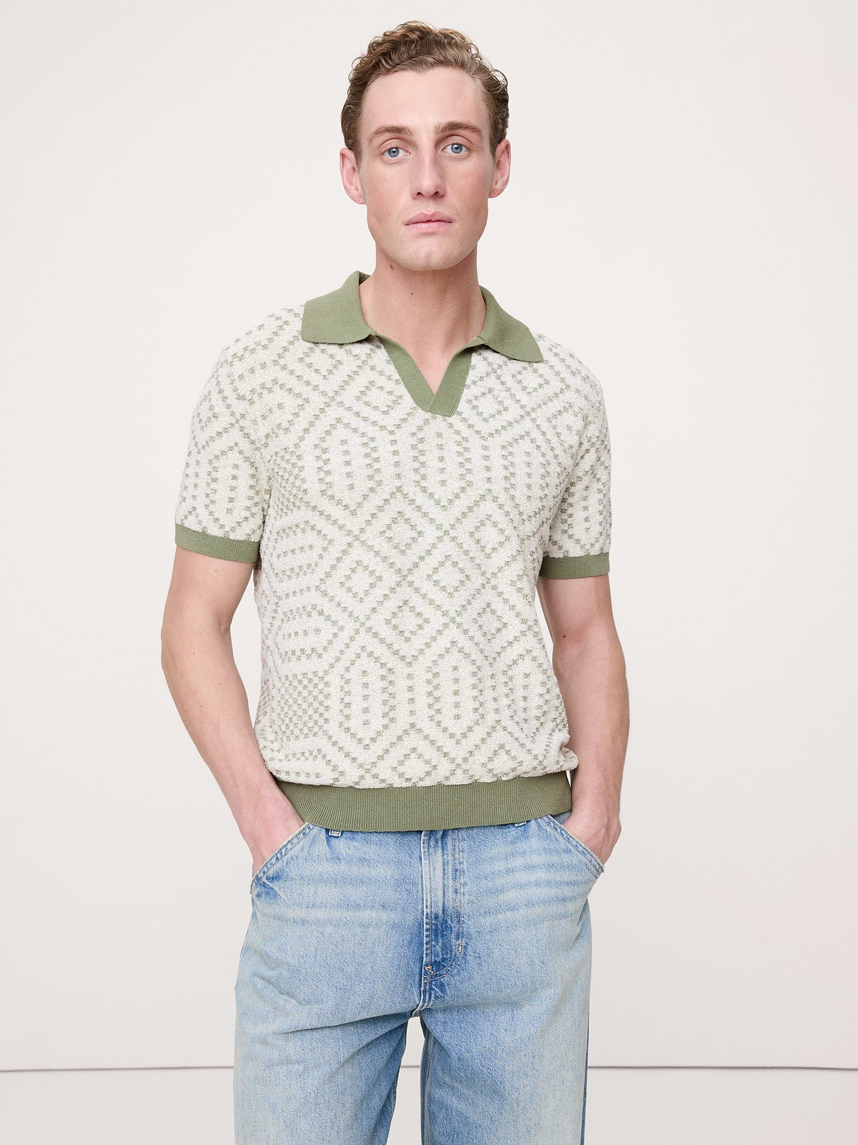 Linen-Cotton Blend Jacquard Polo - Green Moss
