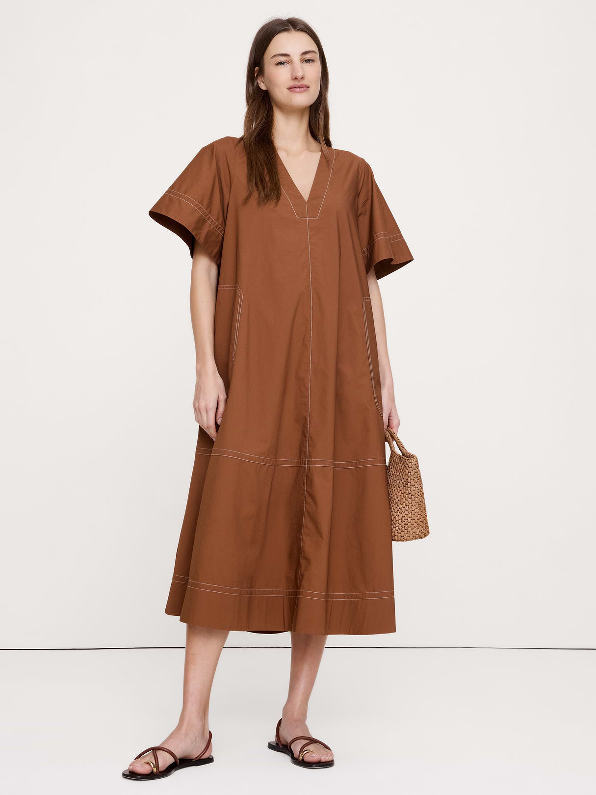 Cotton Poplin Trapeze Midi Dress - Cinnamon Coffee Brown