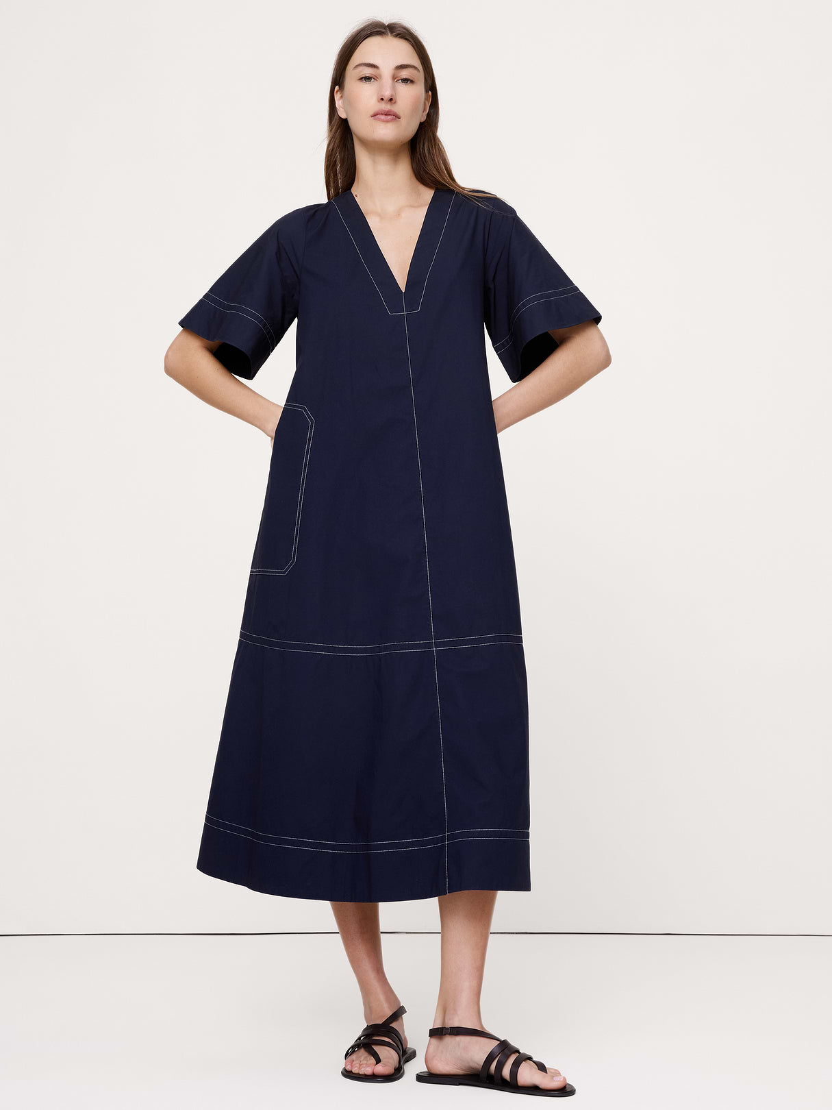 Cotton Poplin Trapeze Midi Dress - Navy Blue