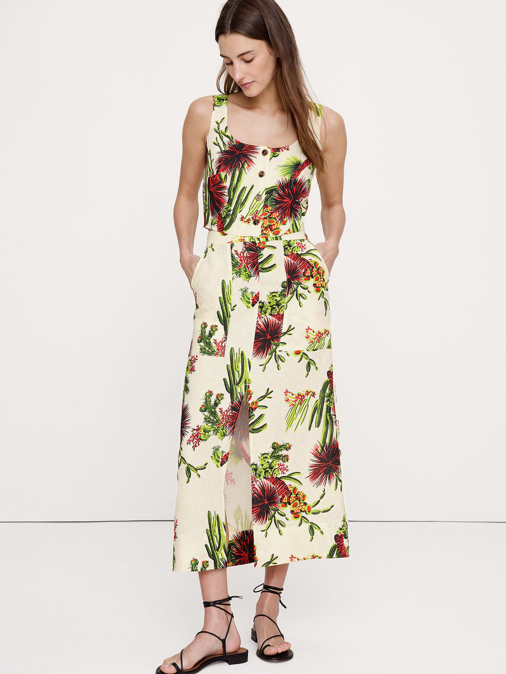 Linen Front-Slit Midi Skirt - Pink Cactus Flower