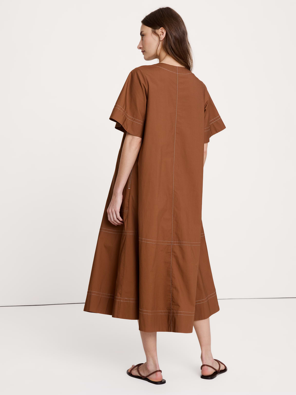 Cotton Poplin Trapeze Midi Dress - Cinnamon Coffee Brown