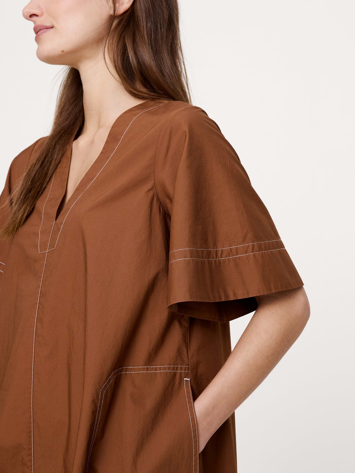 Cotton Poplin Trapeze Midi Dress - Cinnamon Coffee Brown