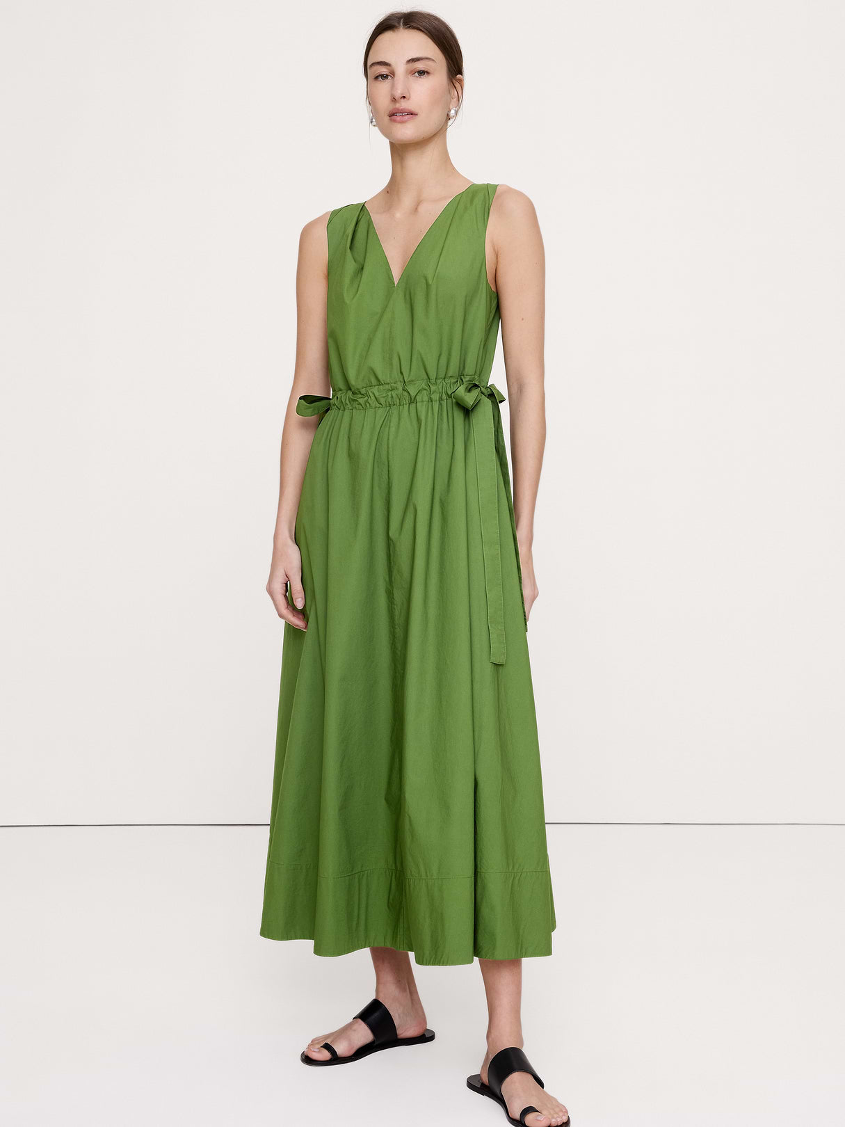 Twisted Shoulder Poplin Maxi Dress - Cactus Grove Green