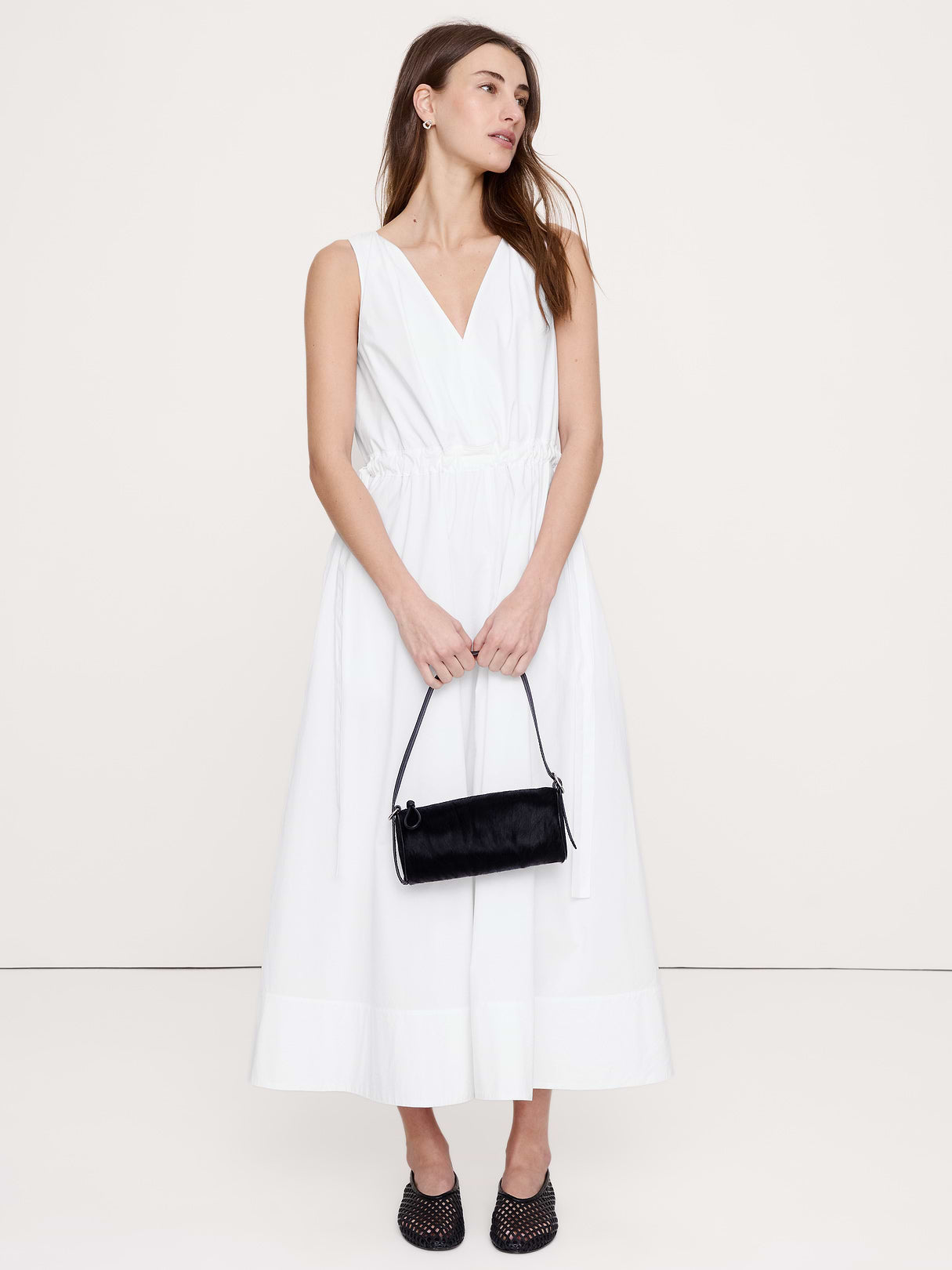 Twisted Shoulder Poplin Maxi Dress - White