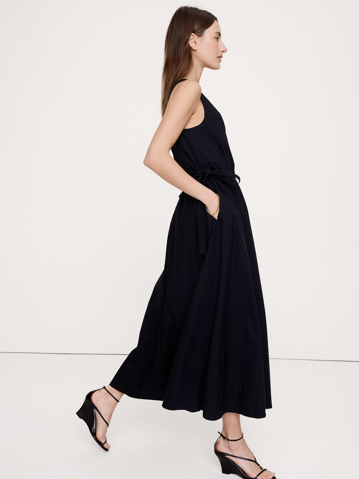 Twisted Shoulder Poplin Maxi Dress - Black