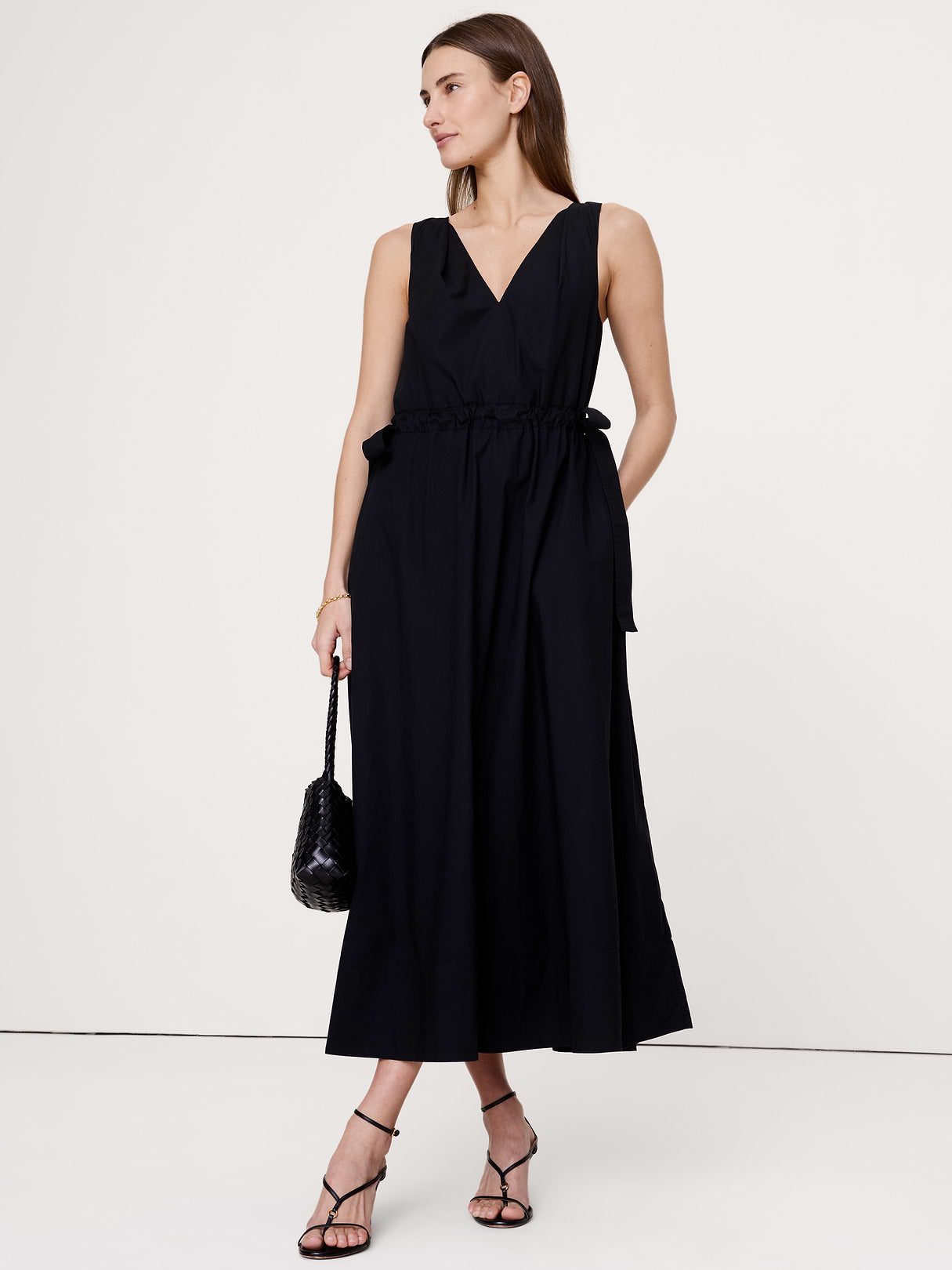 Twisted Shoulder Poplin Maxi Dress - Black