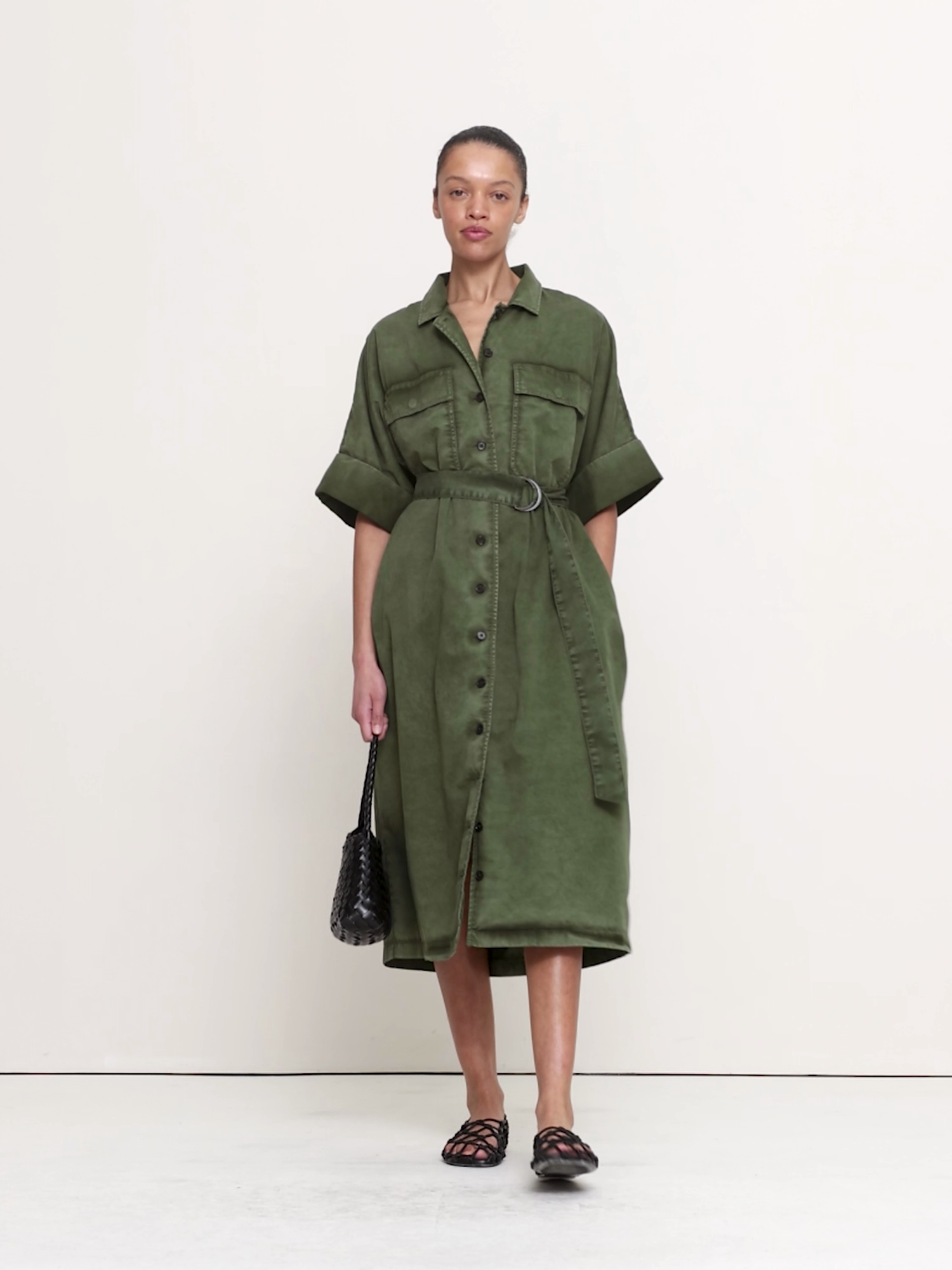 Utility Overdye Cotton Shirt Dress - Army Green