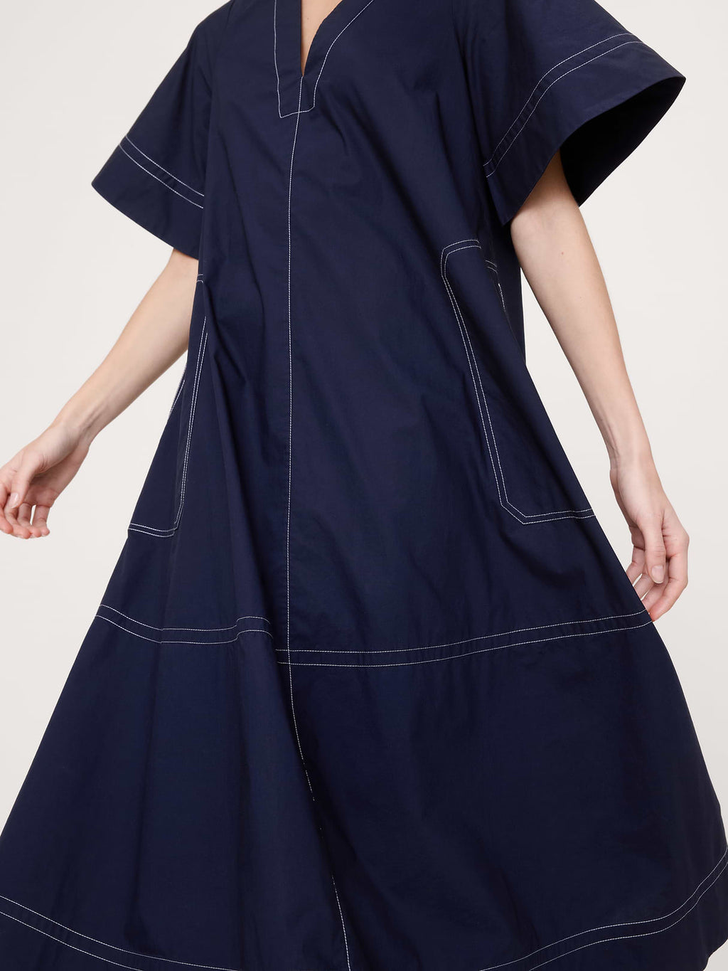 Cotton Poplin Trapeze Midi Dress - Navy Blue