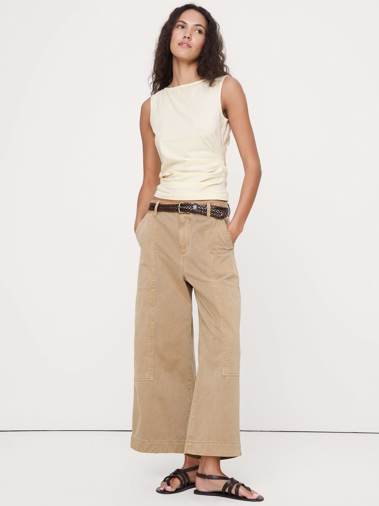 Vintage Cotton Ruched-Side Tank - Mother of Pearl Beige