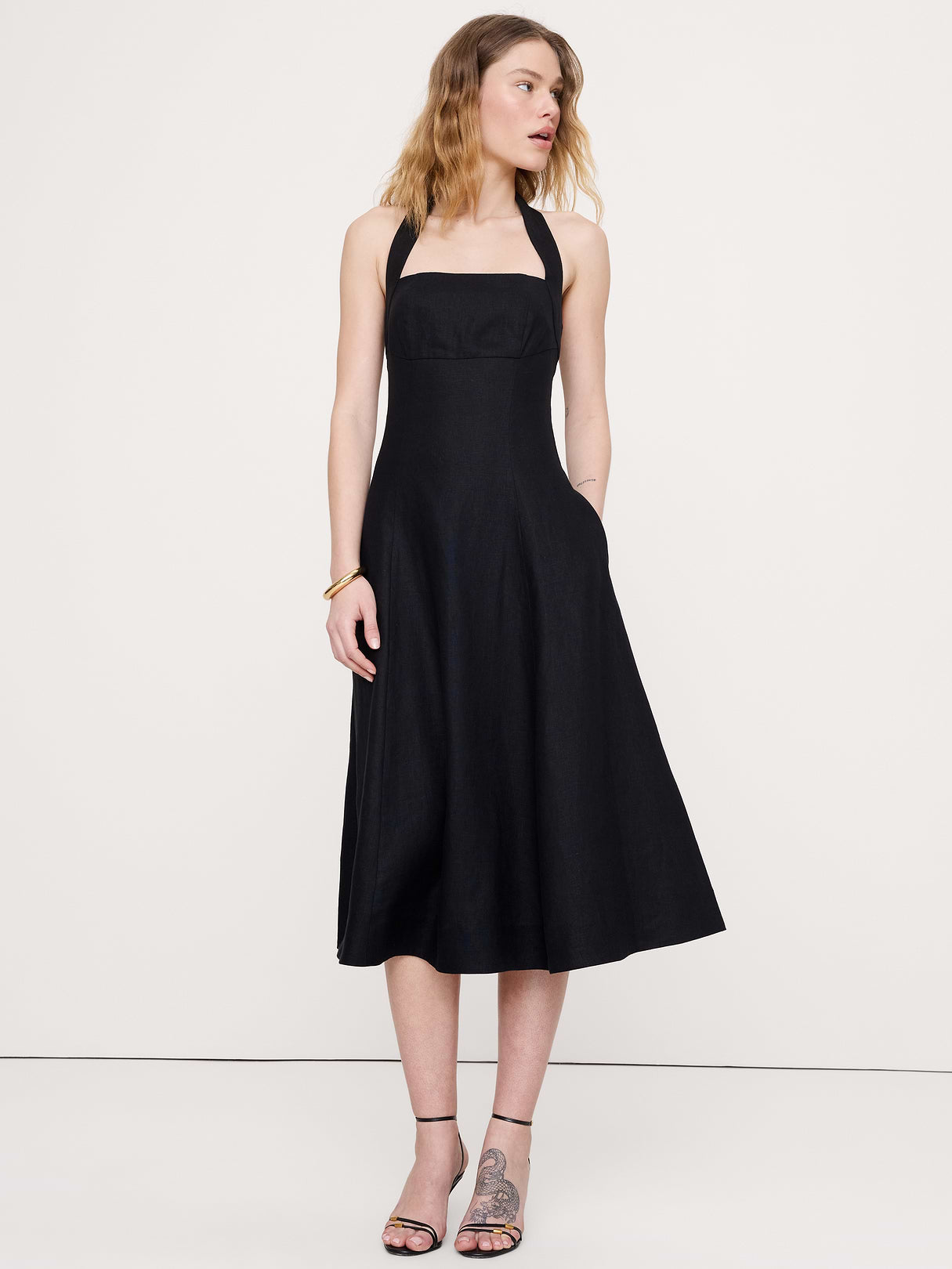 Linen Halter Midi Dress - Black