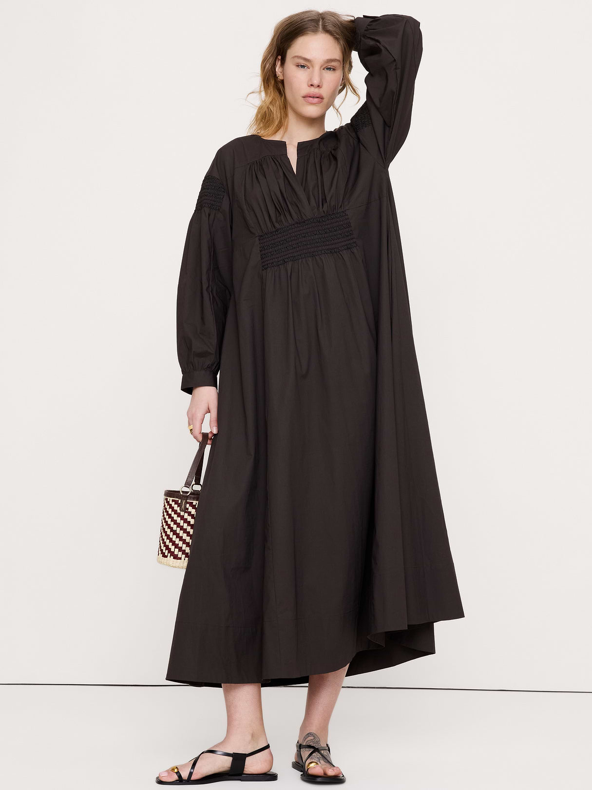Smocked Cotton Poplin Maxi Dress - Brownstone