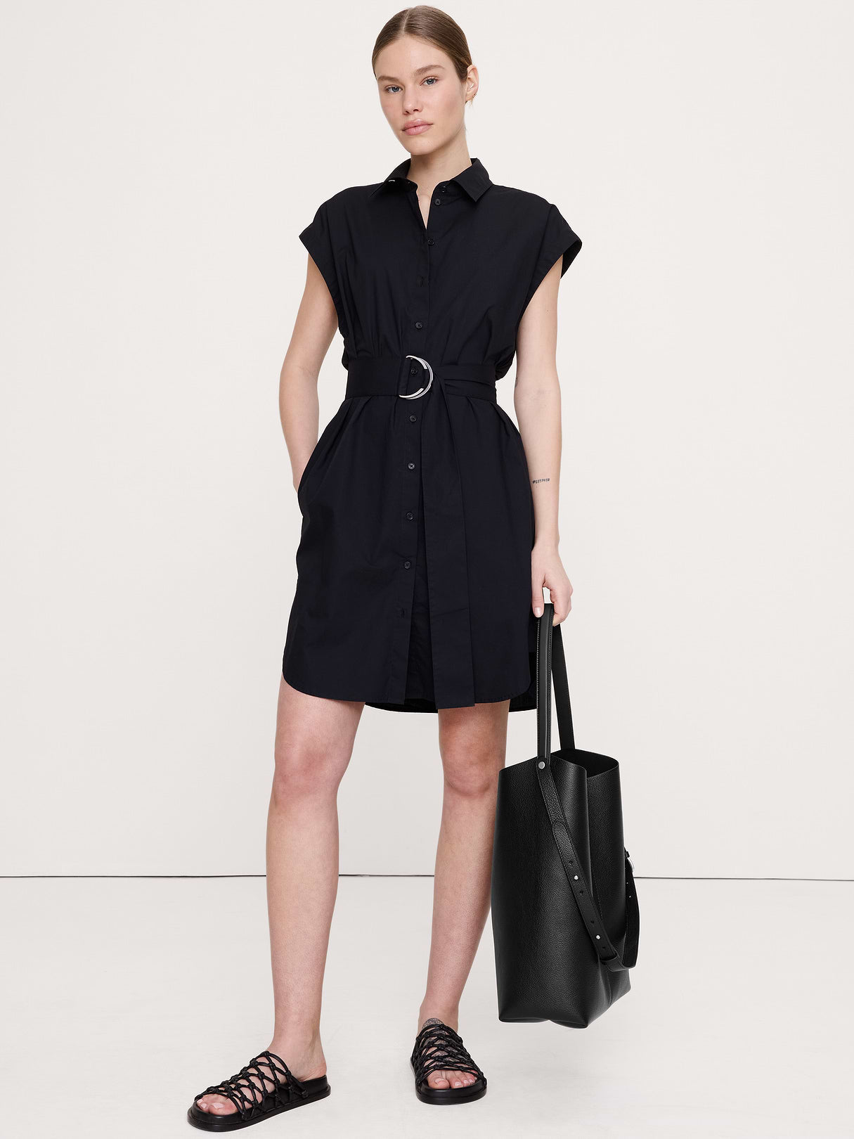 Cotton Poplin Belted Mini Shirt Dress - Black