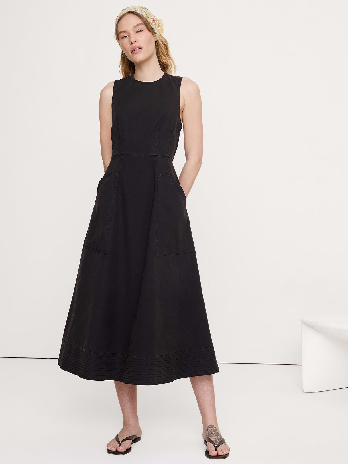 Cotton Canvas Utility Pocket Maxi Dress - Black