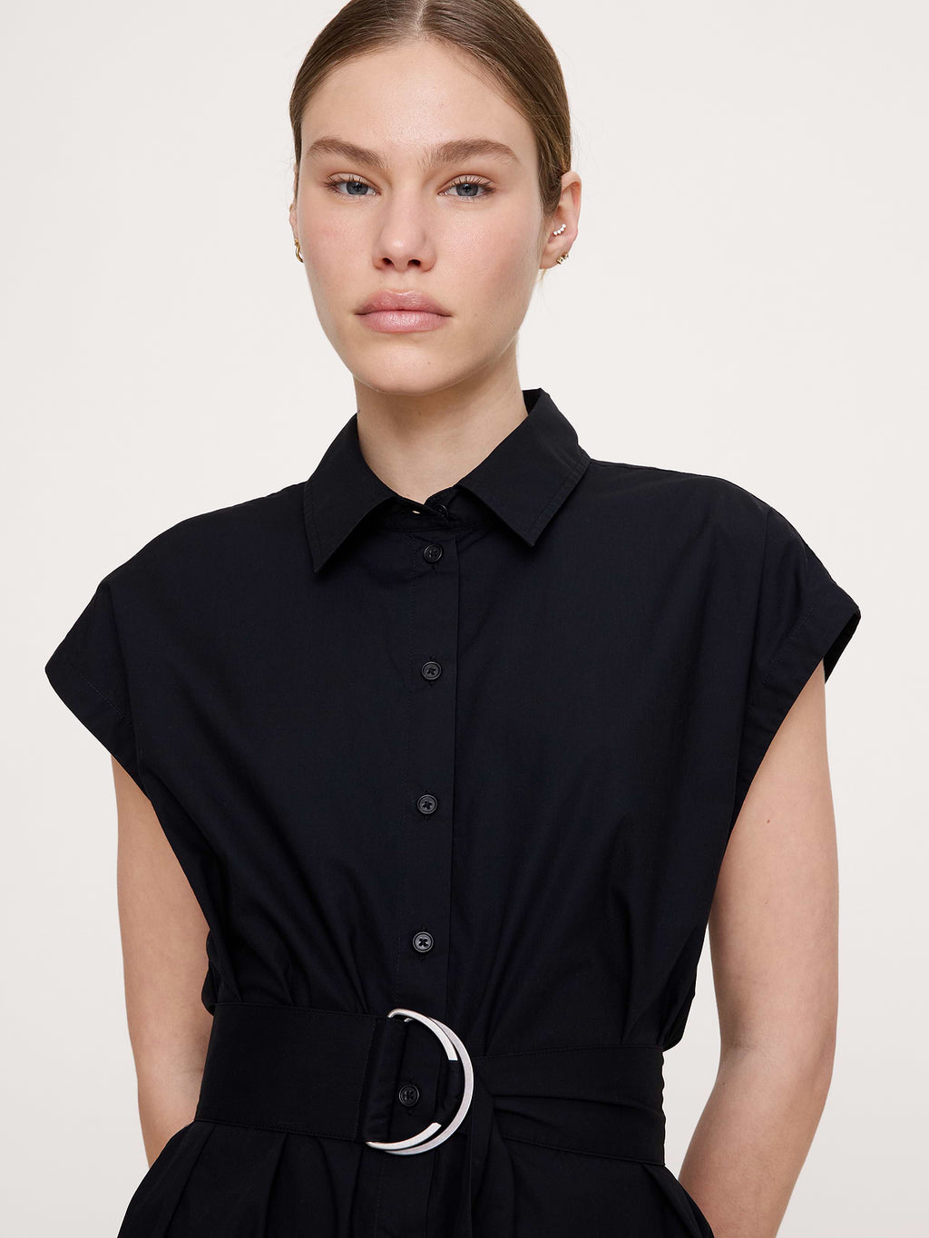 Cotton Poplin Belted Mini Shirt Dress - Black