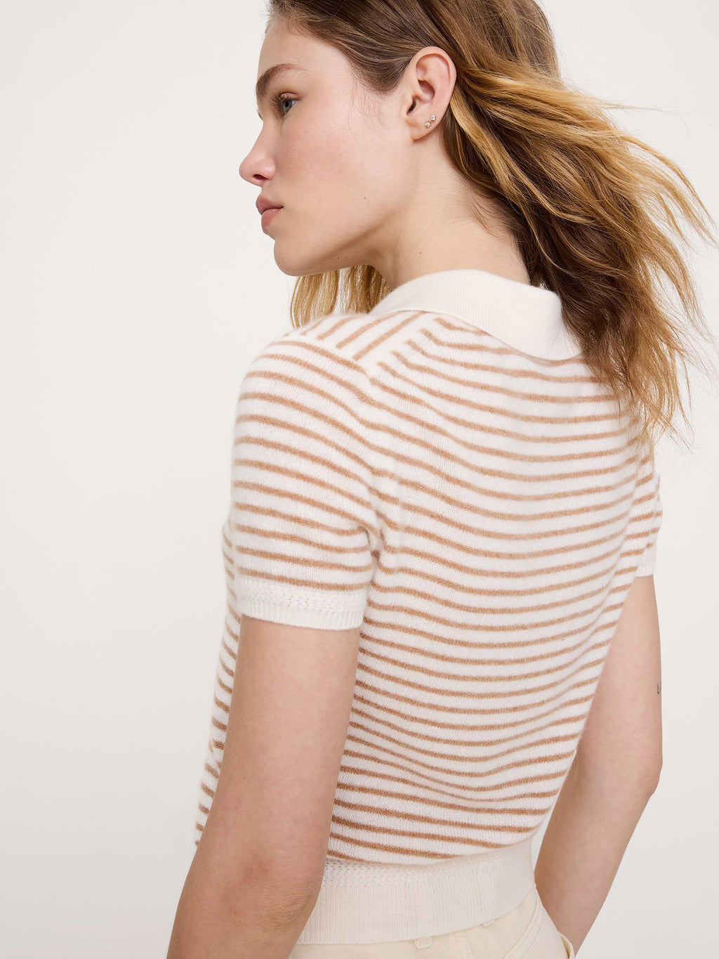 Lightweight Cashmere Short-Sleeve Sweater Polo - Tan Stripe