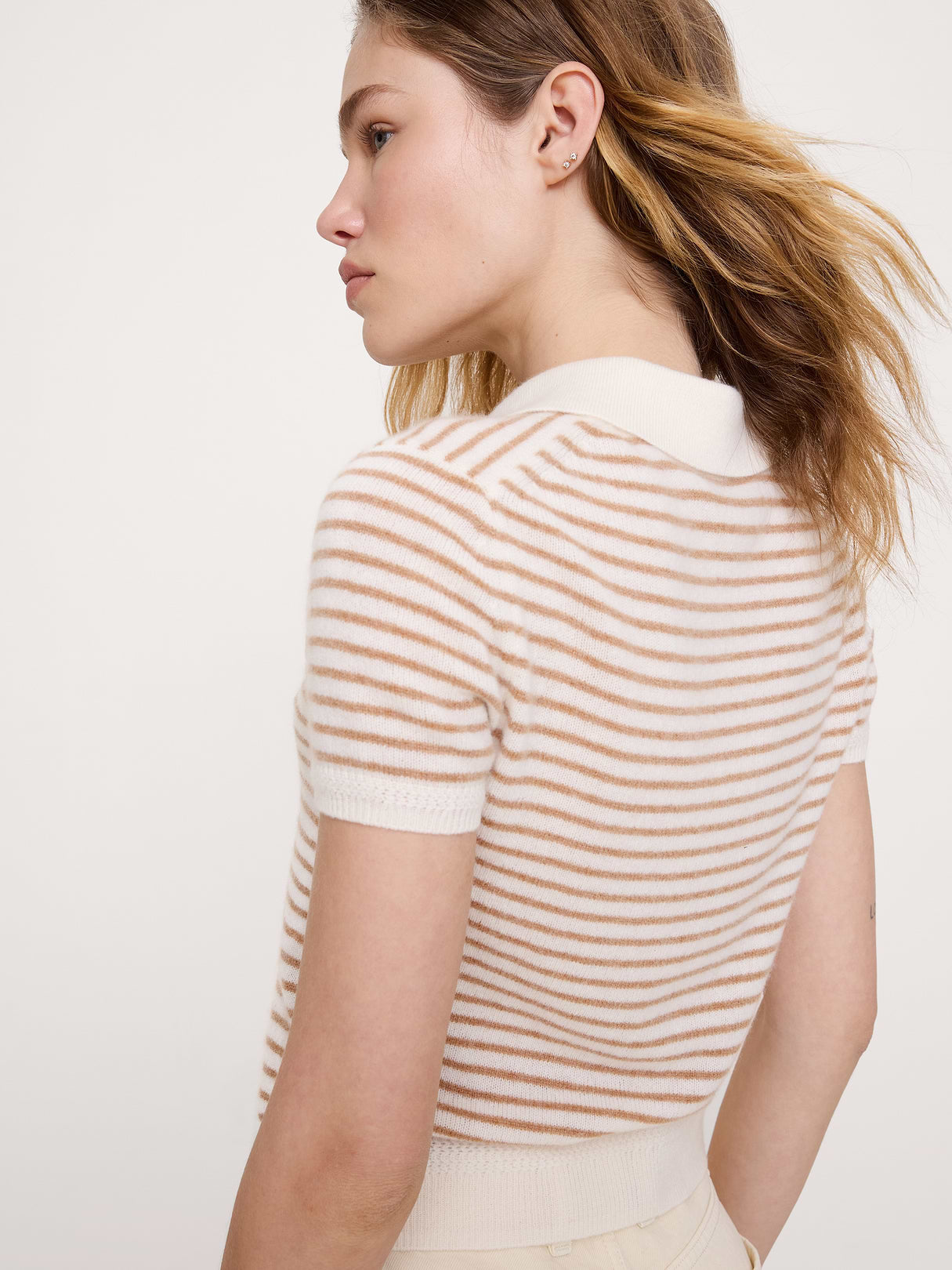Lightweight Cashmere Short-Sleeve Sweater Polo - Tan Stripe