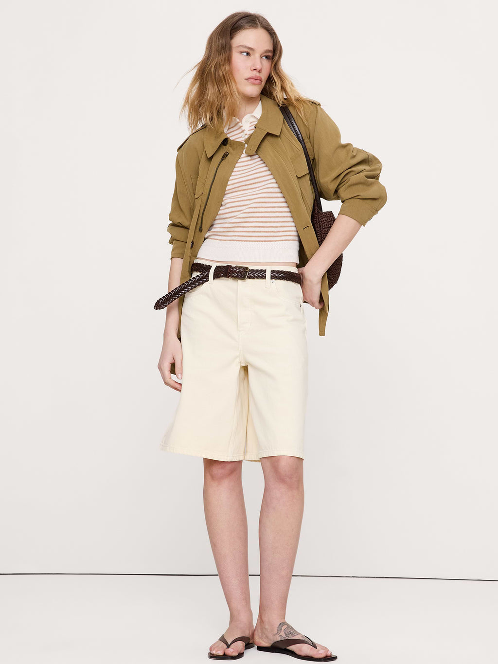 Lightweight Cashmere Short-Sleeve Sweater Polo - Tan Stripe