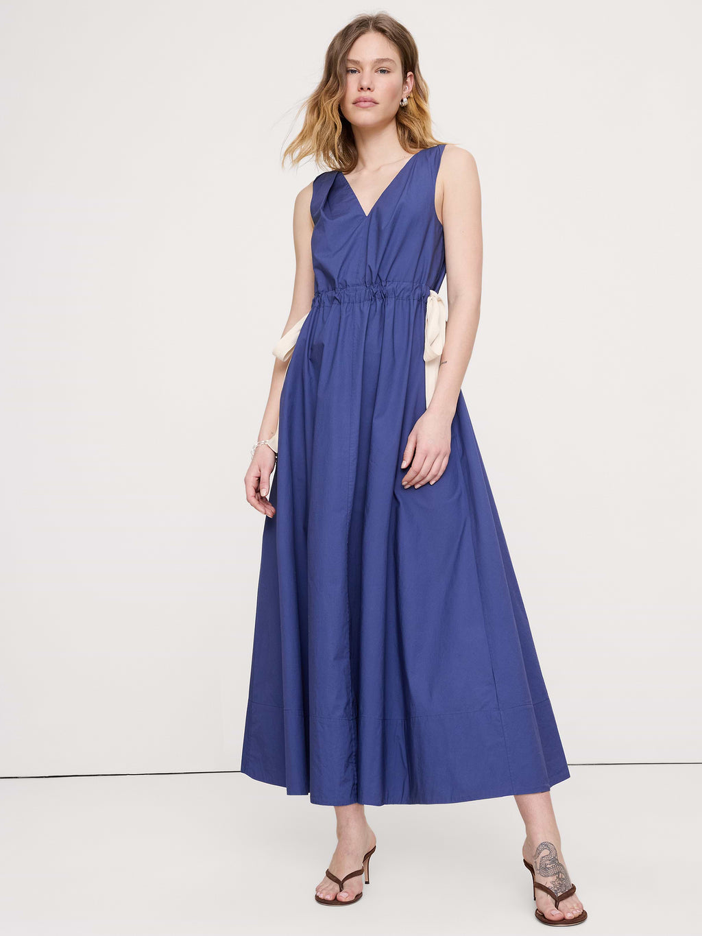 Twisted Shoulder Poplin Maxi Dress - Ocean Blue
