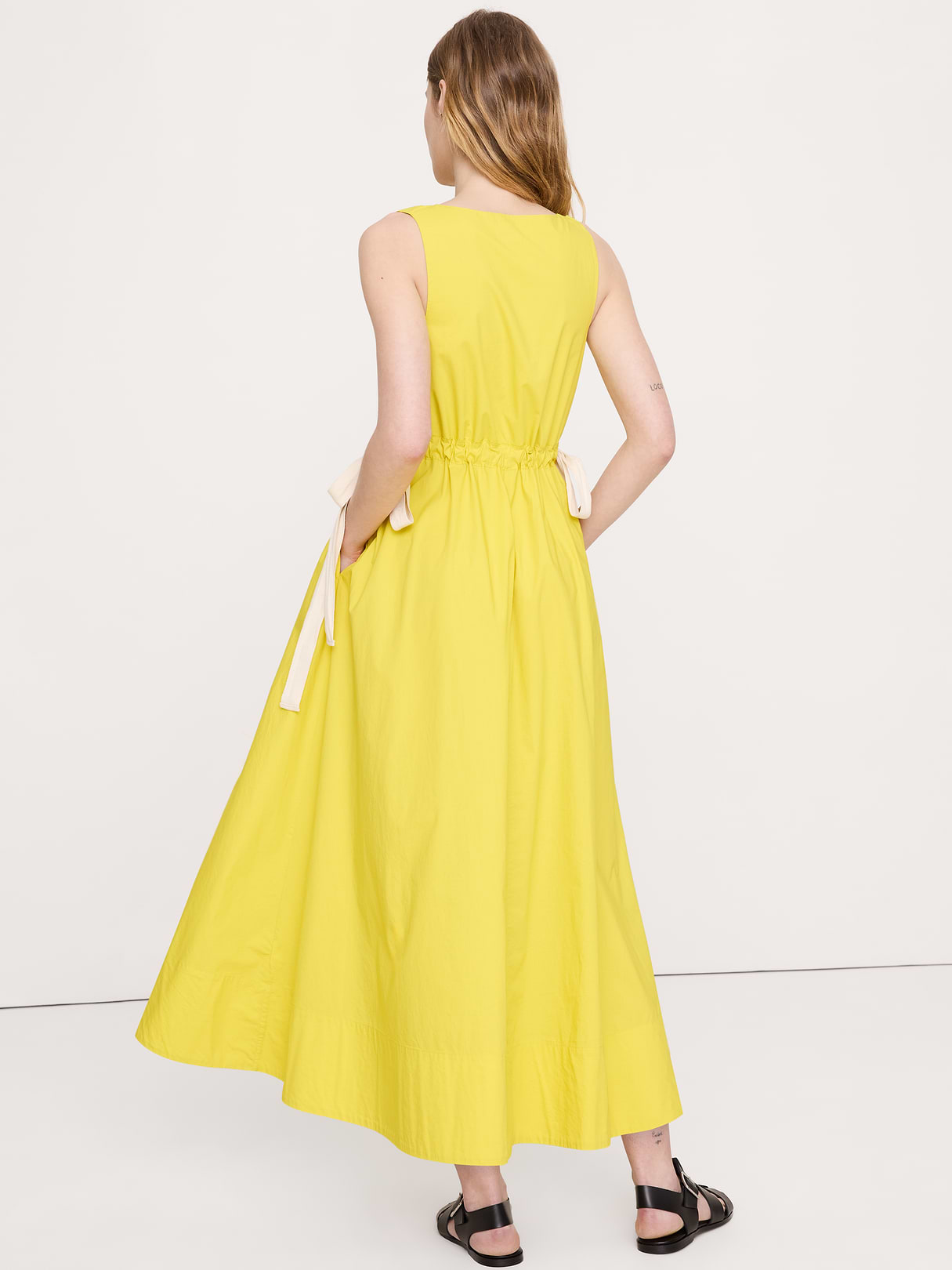 Twisted Shoulder Poplin Maxi Dress - Snake Eye Yellow