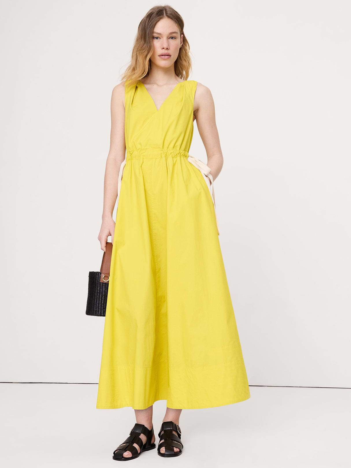 Twisted Shoulder Poplin Maxi Dress - Snake Eye Yellow