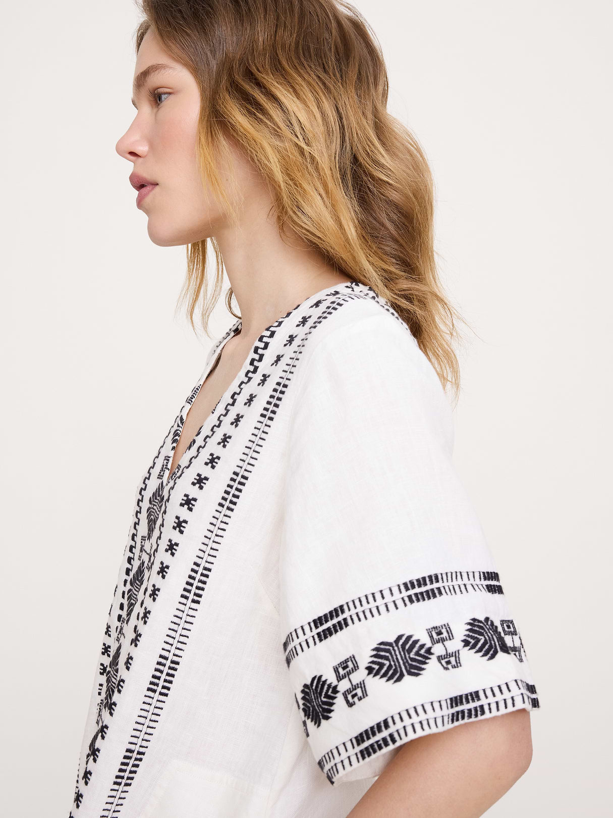 Embroidered Linen Mini Dress - Ivory with Embroidery
