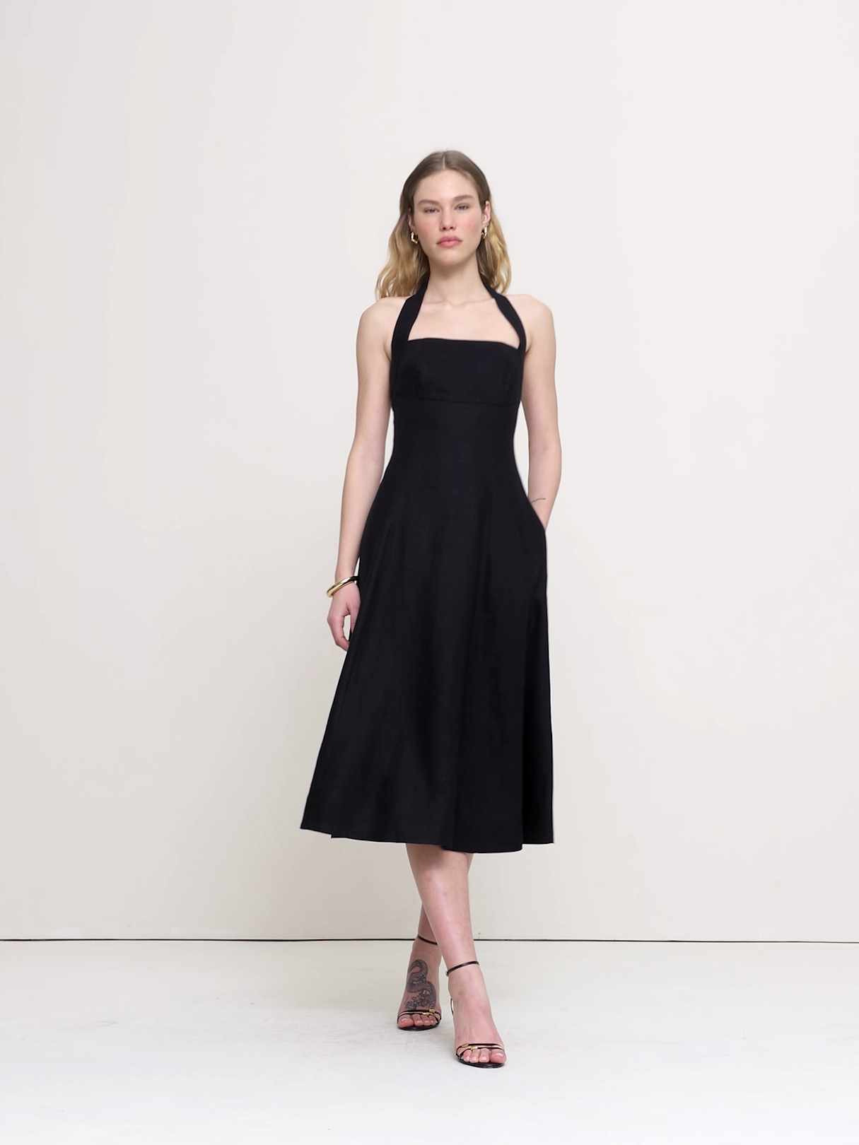 Linen Halter Midi Dress - Black