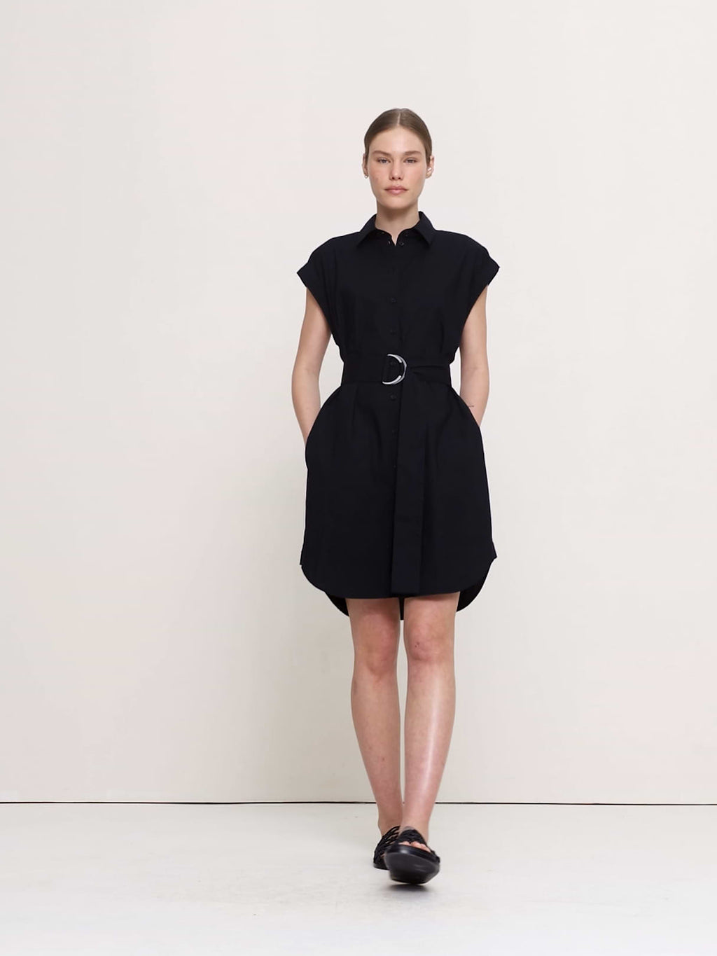 Cotton Poplin Belted Mini Shirt Dress - Black
