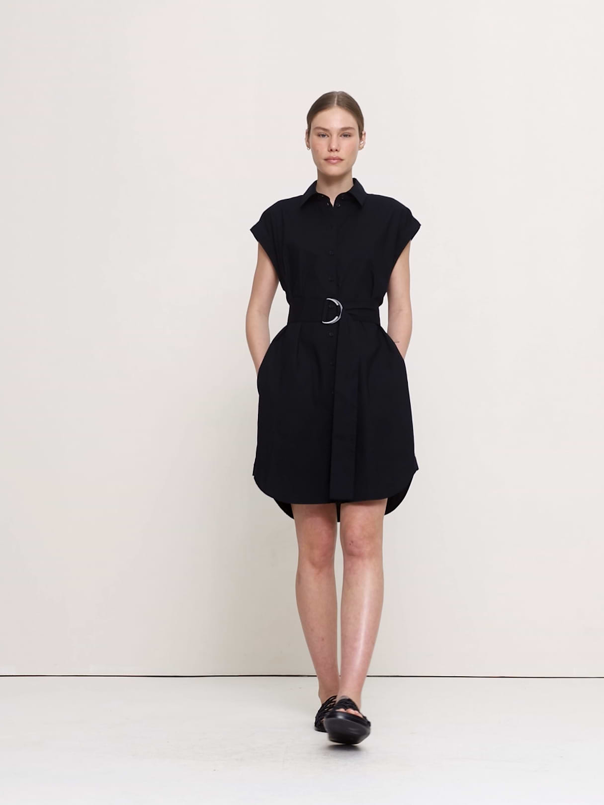 Cotton Poplin Belted Mini Shirt Dress - Black