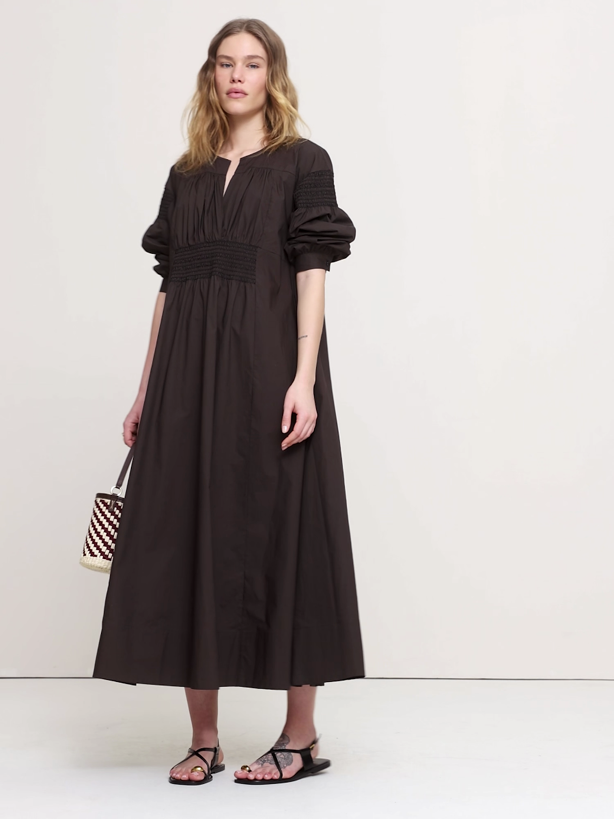 Smocked Cotton Poplin Maxi Dress - Brownstone