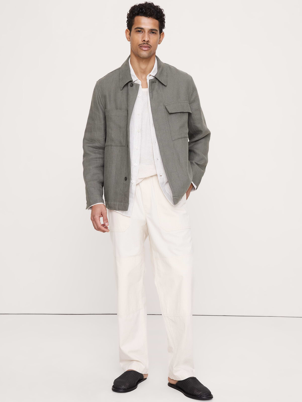 Linen Four-Pocket Shirt Jacket - Dark Olive Green