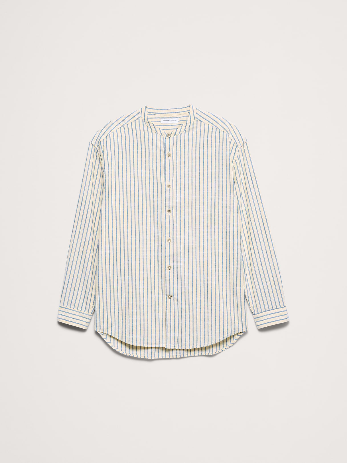 Relaxed-Fit Cotton-Slub Banded-Collar Shirt - Yellow Stripe