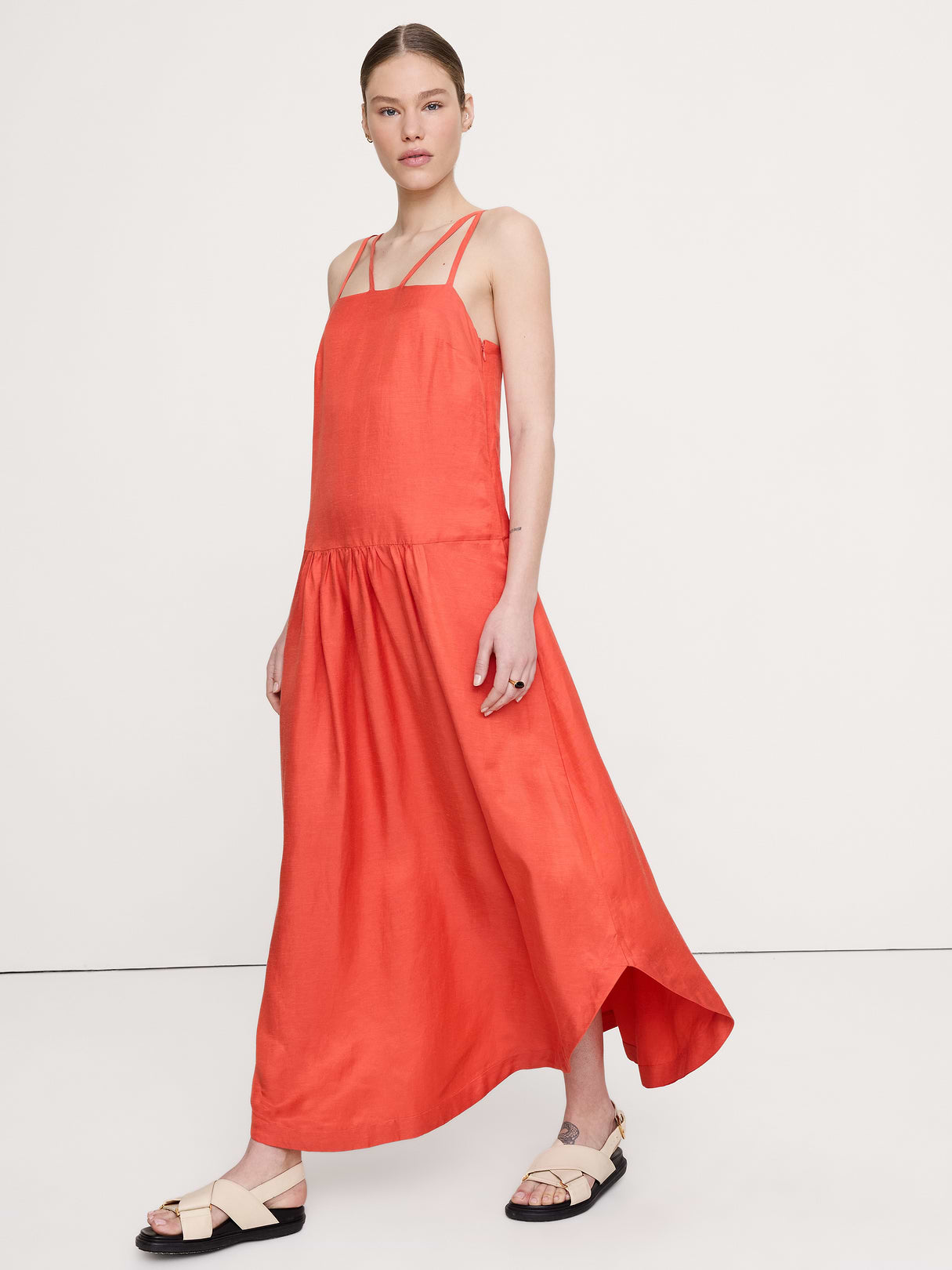 Viscose-Linen Drop-Waist Maxi Dress - Red Chili