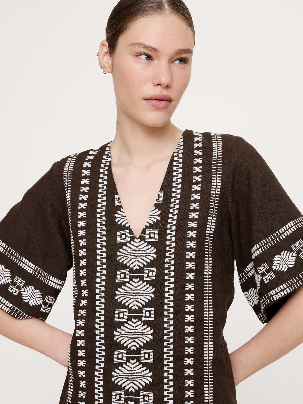 Embroidered Linen Mini Dress - Camel with Embroidery