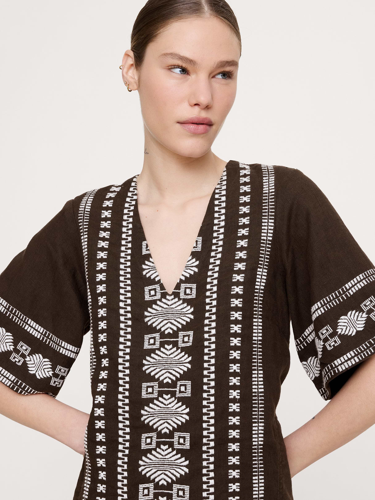 Embroidered Linen Mini Dress - Camel with Embroidery