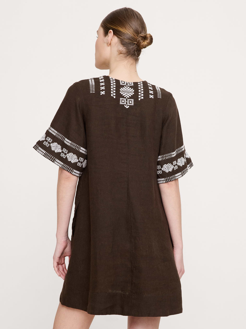 Embroidered Linen Mini Dress - Camel with Embroidery