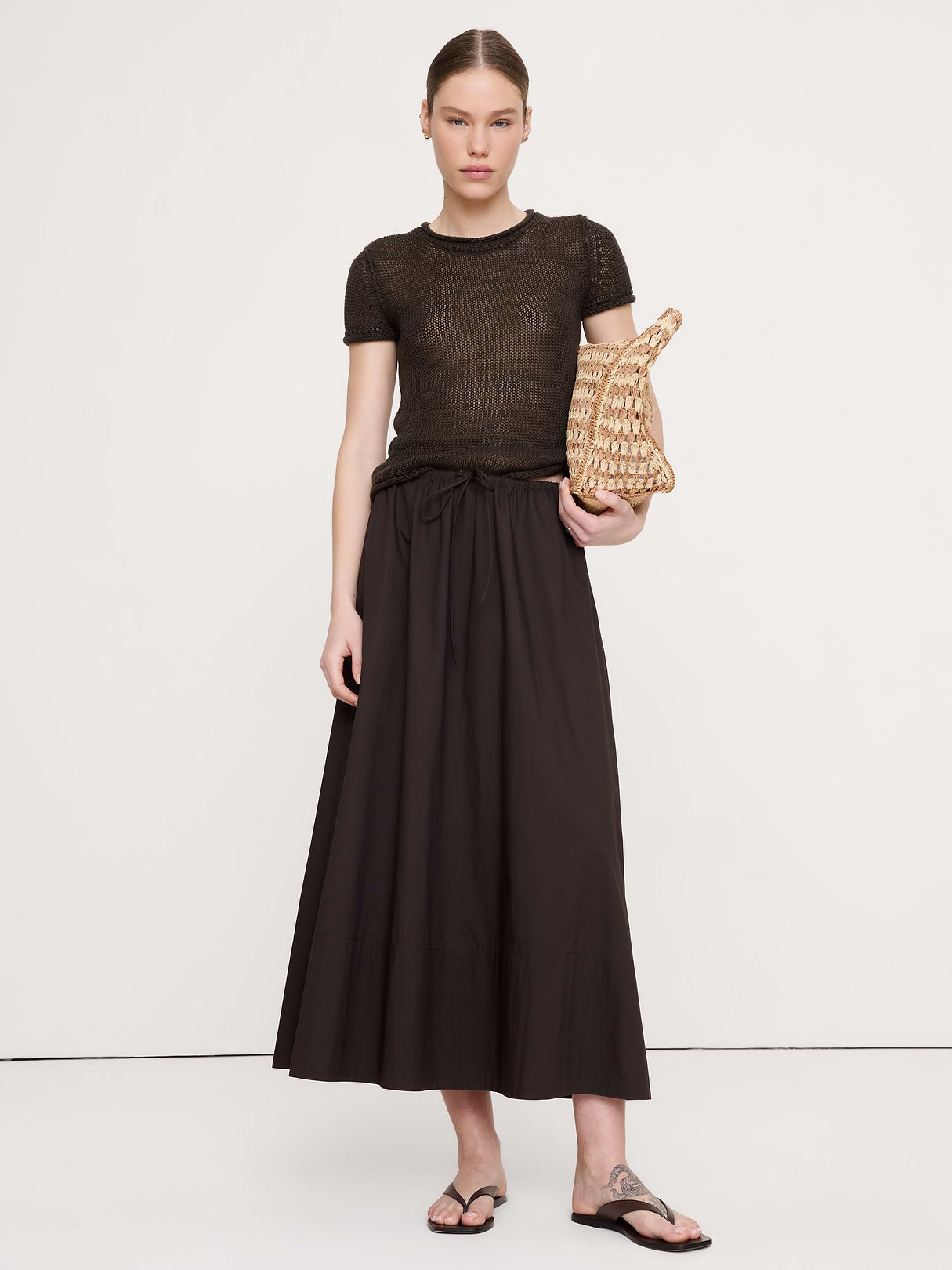 Cotton Poplin Drawstring Maxi Skirt - Brownstone