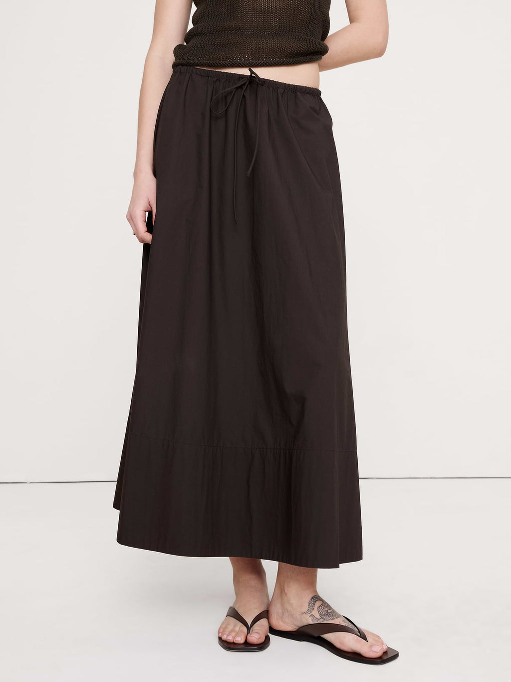 Cotton Poplin Drawstring Maxi Skirt - Brownstone
