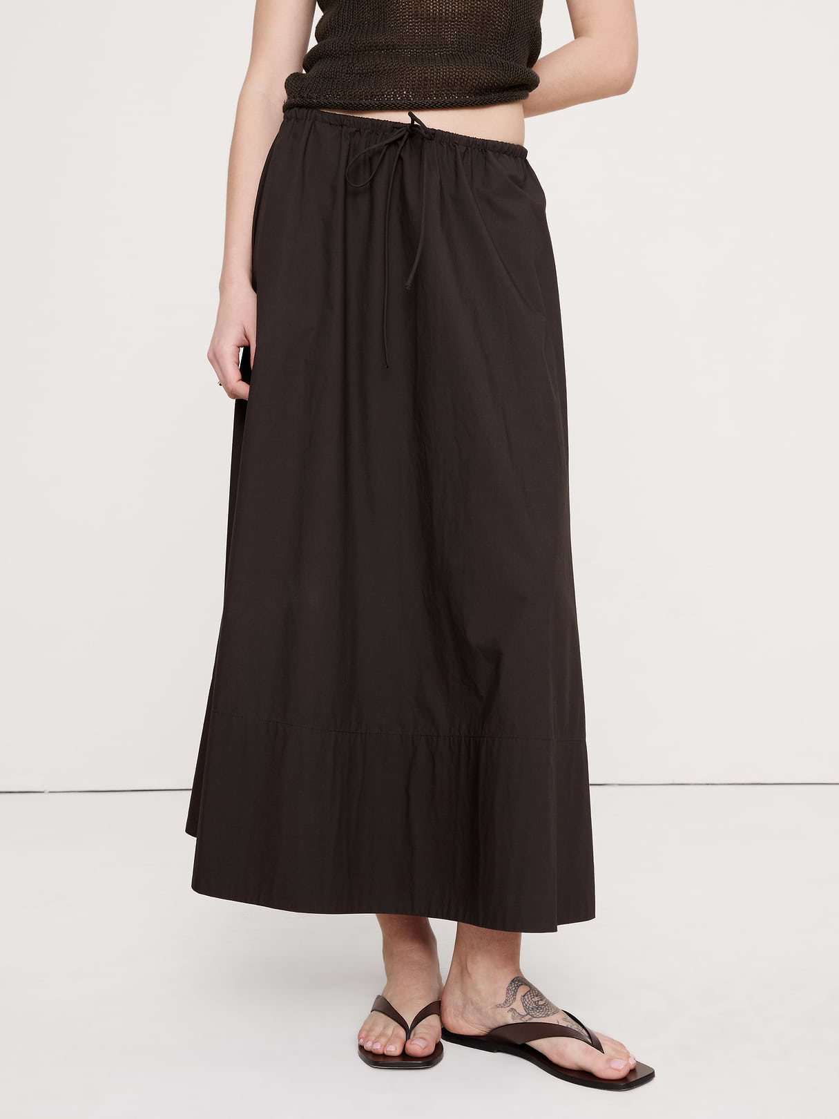 Cotton Poplin Drawstring Maxi Skirt - Brownstone