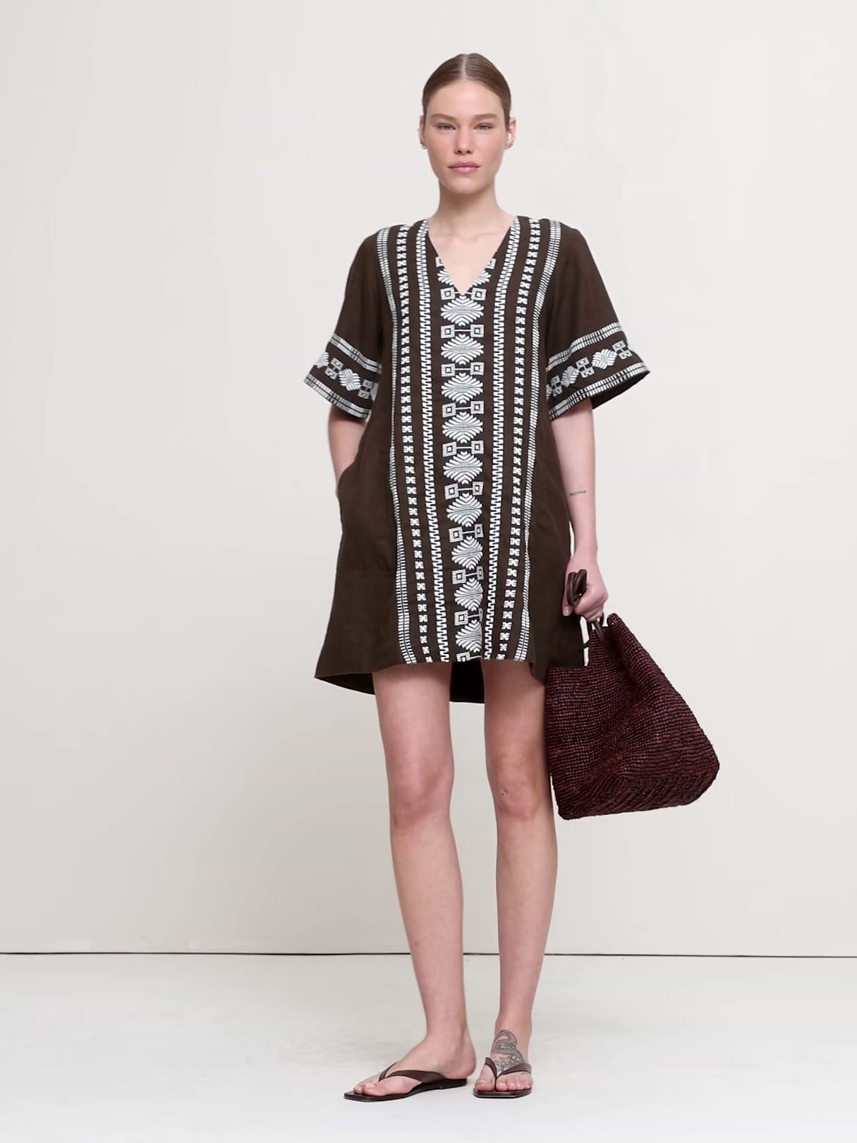 Embroidered Linen Mini Dress - Camel with Embroidery