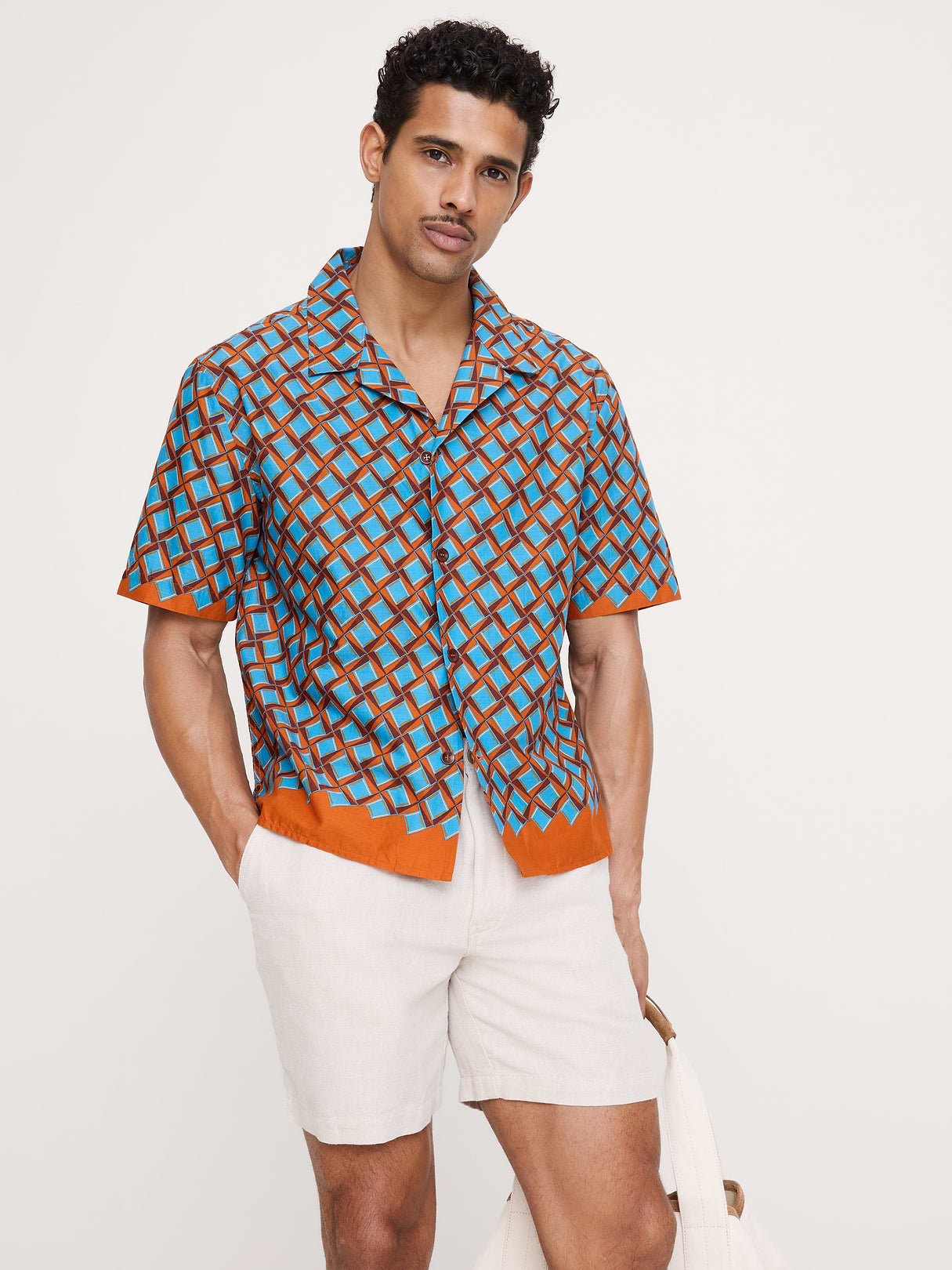 Relaxed-Fit Cotton Slub Resort Shirt - Blue & Orange Print